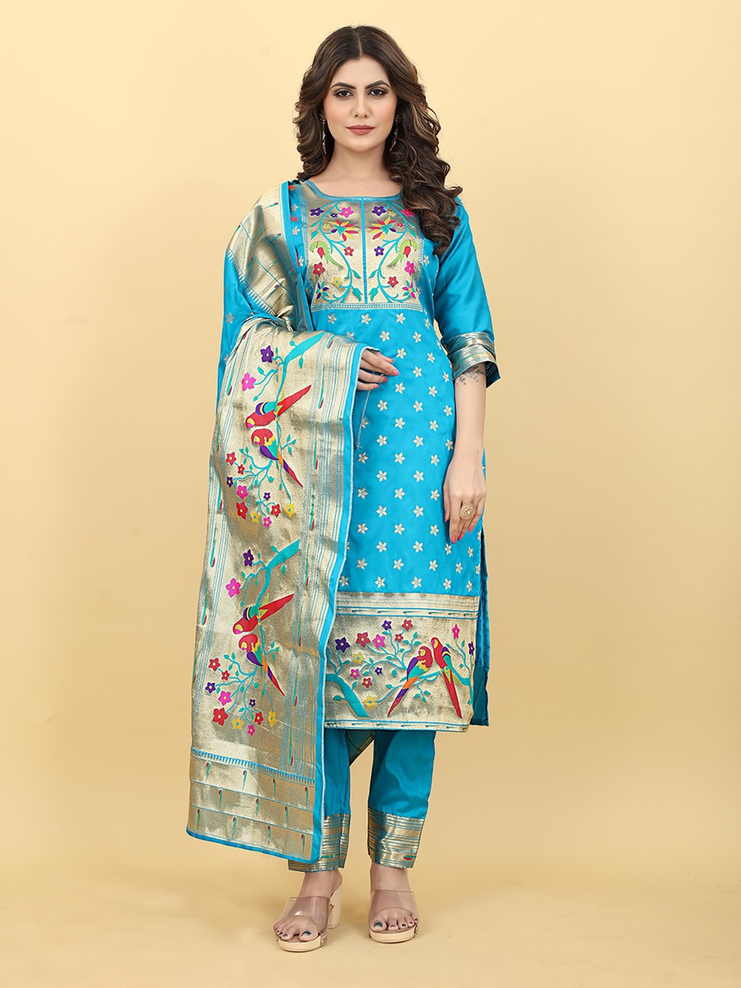 

Royal Rajgharana Saree Ethnic Motifs Pure Silk Unstitched Dress Material, Blue