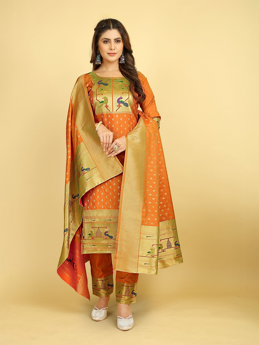 

Royal Rajgharana Saree Ethnic Motifs Woven Design Zari Pure Silk Unstitched Dress Material, Orange