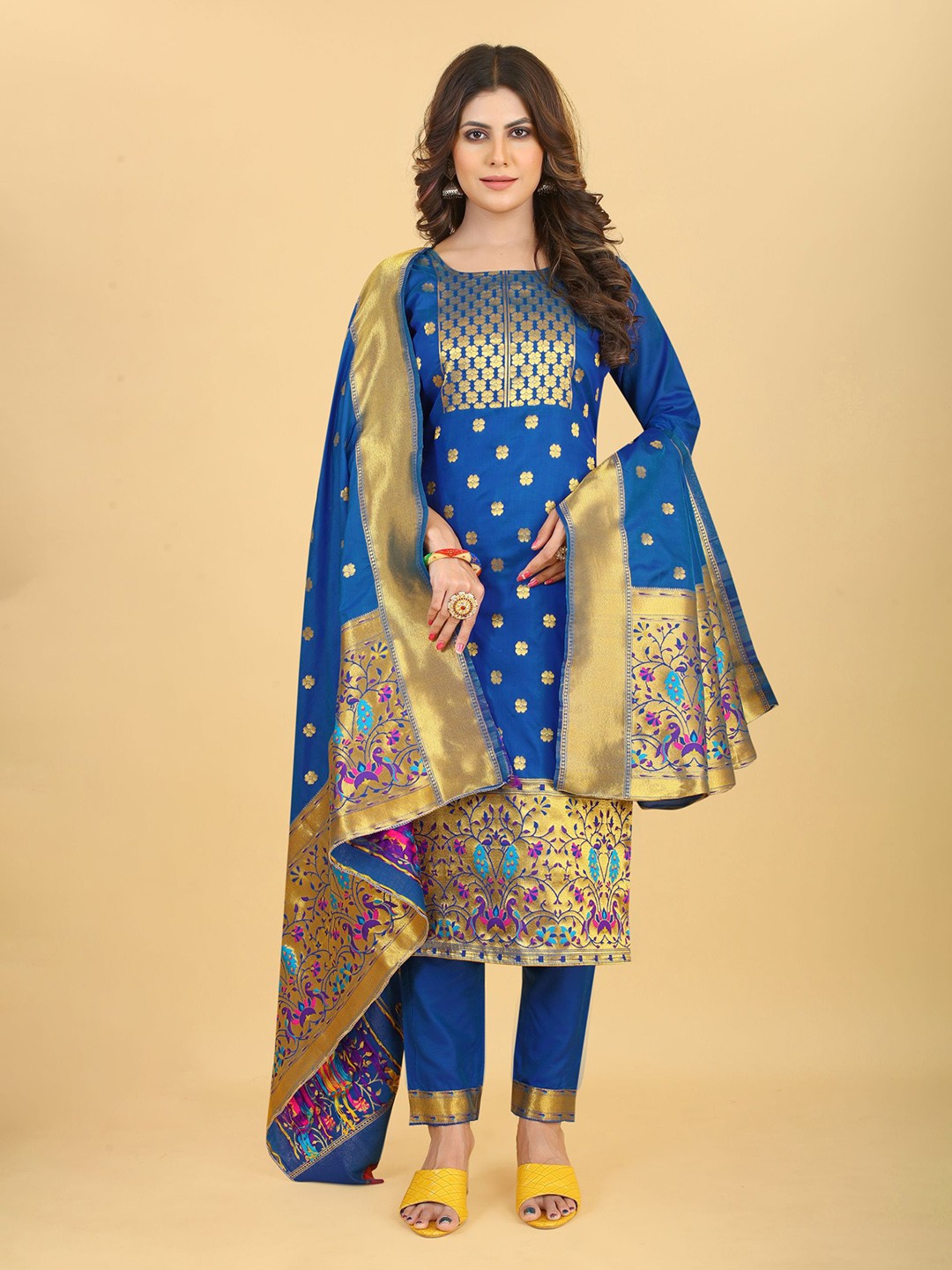 

Royal Rajgharana Saree Ethnic Motifs Pure Silk Unstitched Dress Material, Blue