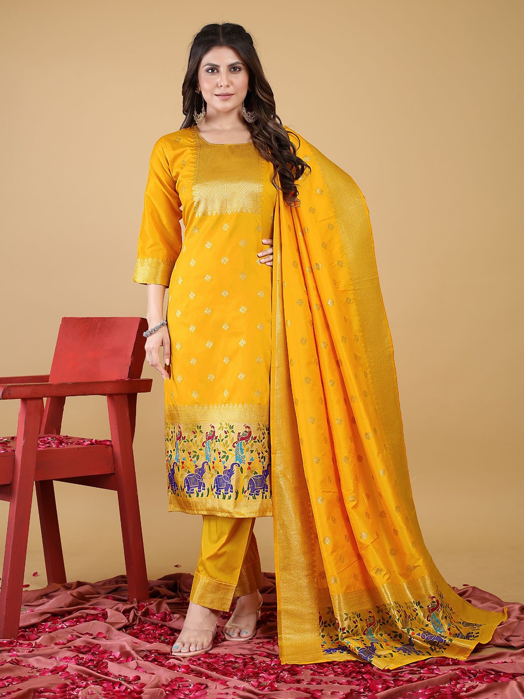 

Royal Rajgharana Saree Pure Silk Unstitched Dress Material, Yellow