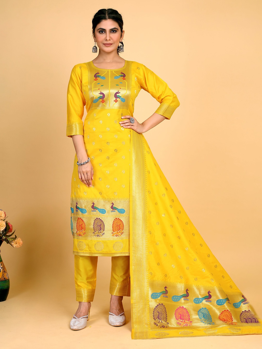 

Royal Rajgharana Saree Ethnic Motifs Woven Design Zari Pure Silk Unstitched Dress Material, Yellow