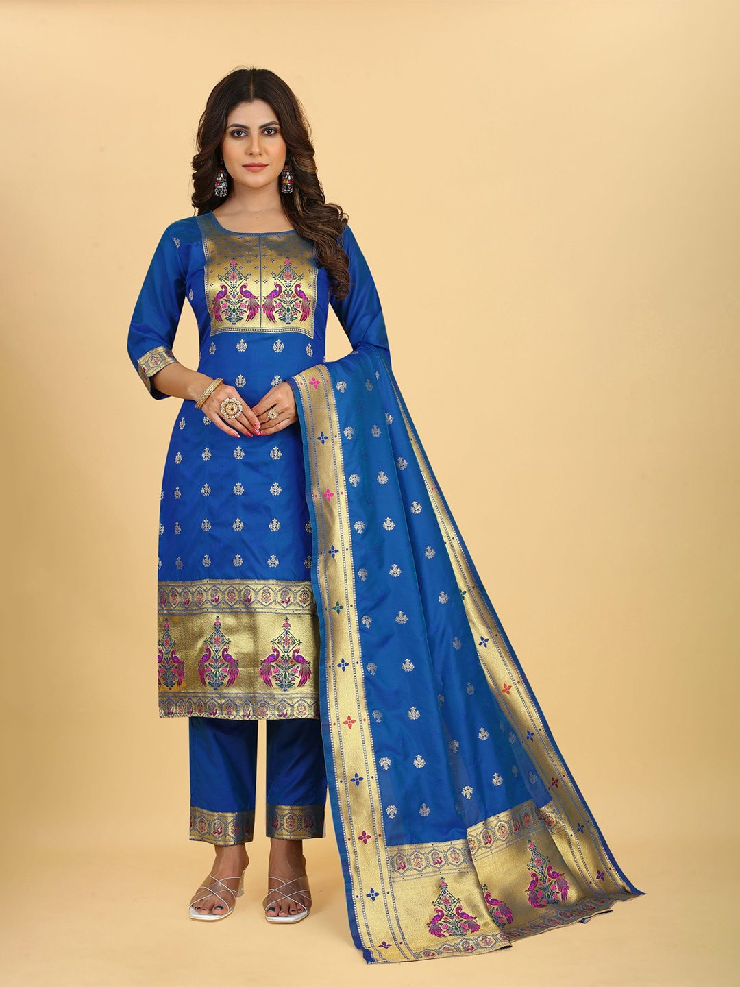 

Royal Rajgharana Saree Ethnic Motifs Woven Design Zari Pure Silk Unstitched Dress Material, Blue