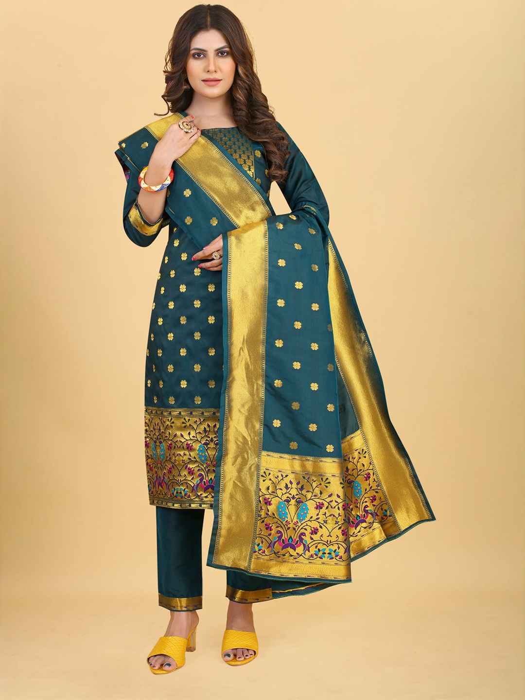 

Royal Rajgharana Saree Pure Silk Unstitched Dress Material, Teal