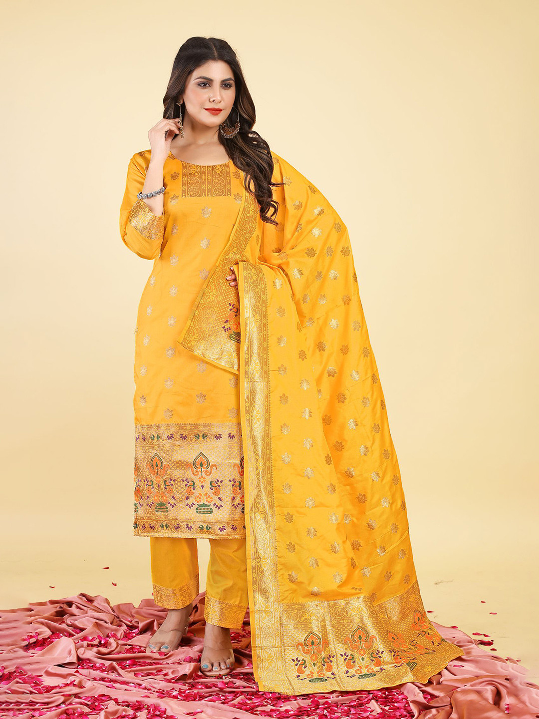 

Royal Rajgharana Saree Ethnic Motifs Woven Design Zari Pure Silk Unstitched Dress Material, Yellow