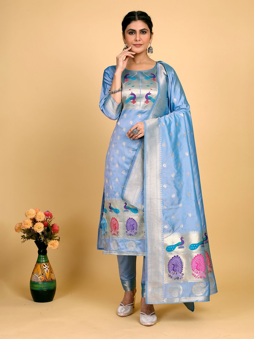 

Royal Rajgharana Saree Pure Silk Unstitched Dress Material, Blue