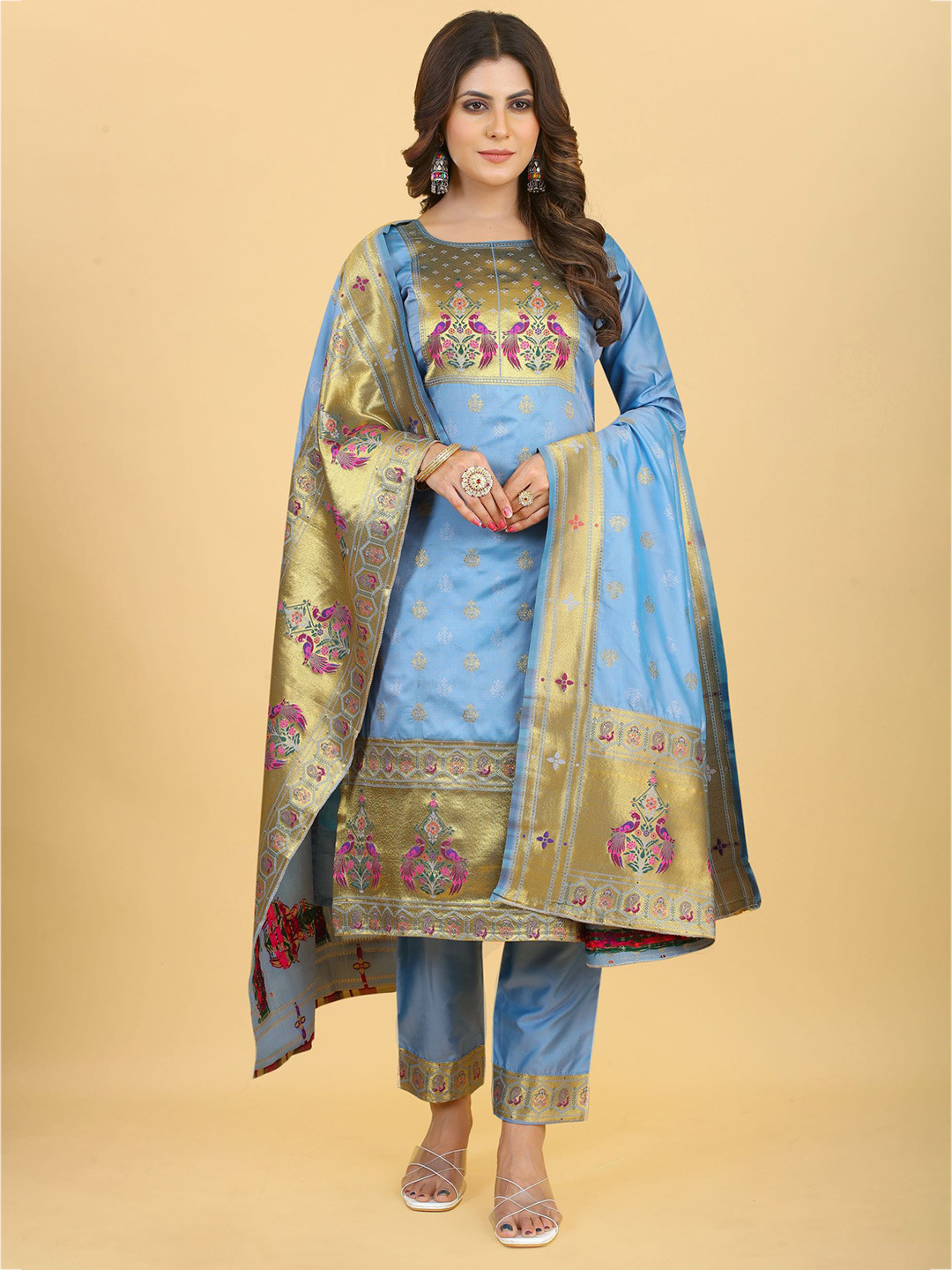 

Royal Rajgharana Saree Pure Silk Unstitched Dress Material, Grey