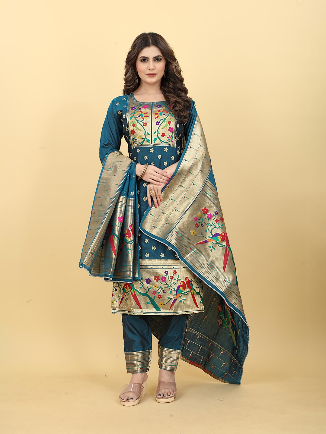 

Royal Rajgharana Saree Pure Silk Unstitched Dress Material, Teal