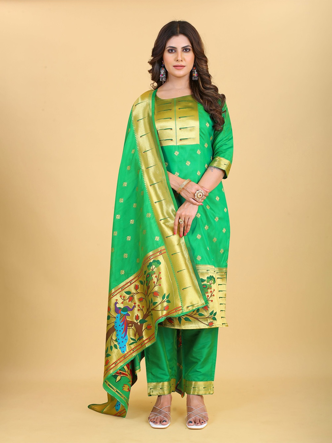 

Royal Rajgharana Saree Ethnic Motifs Pure Silk Unstitched Dress Material, Green