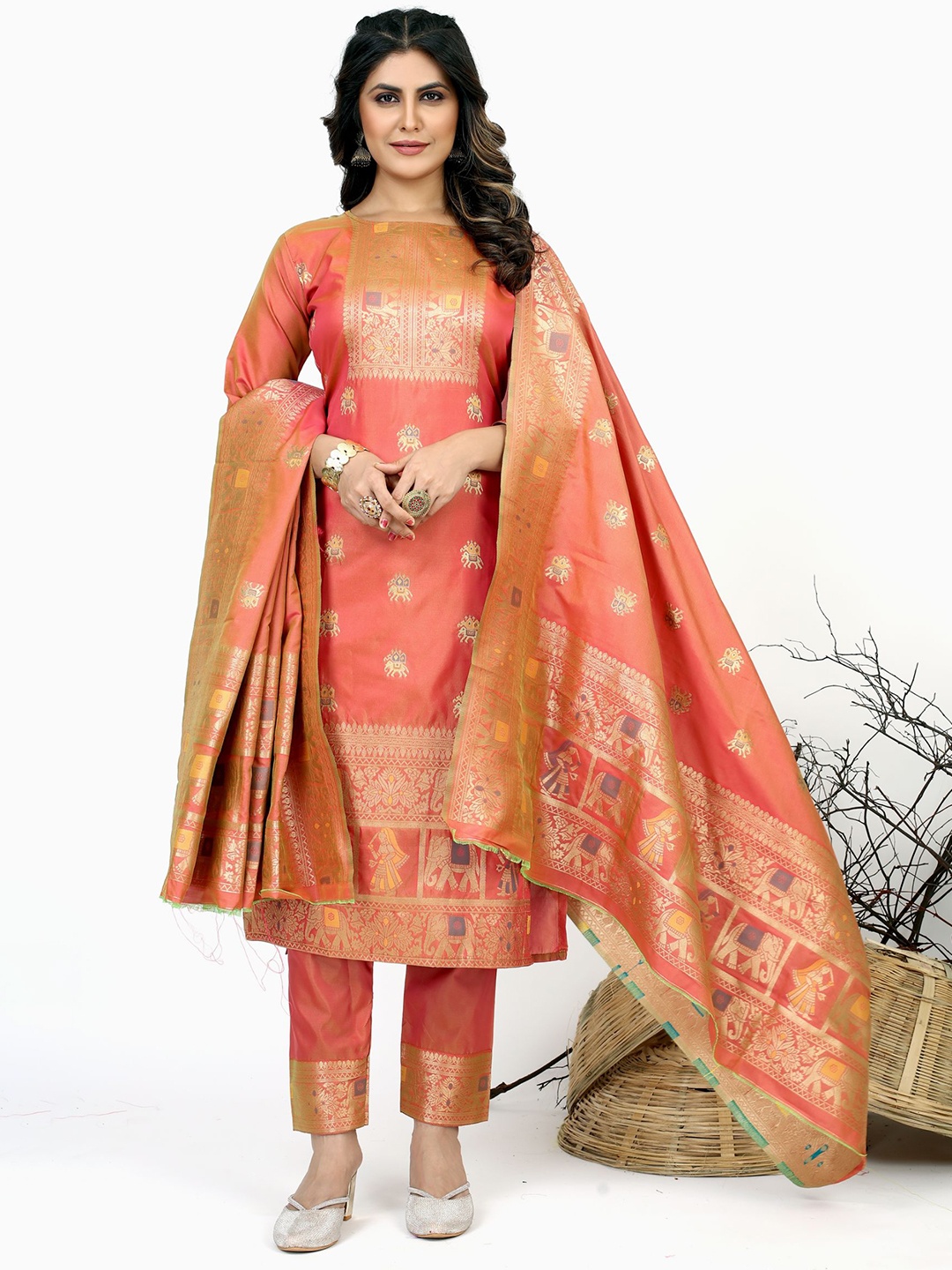 

Royal Rajgharana Saree Pure Silk Unstitched Dress Material, Peach
