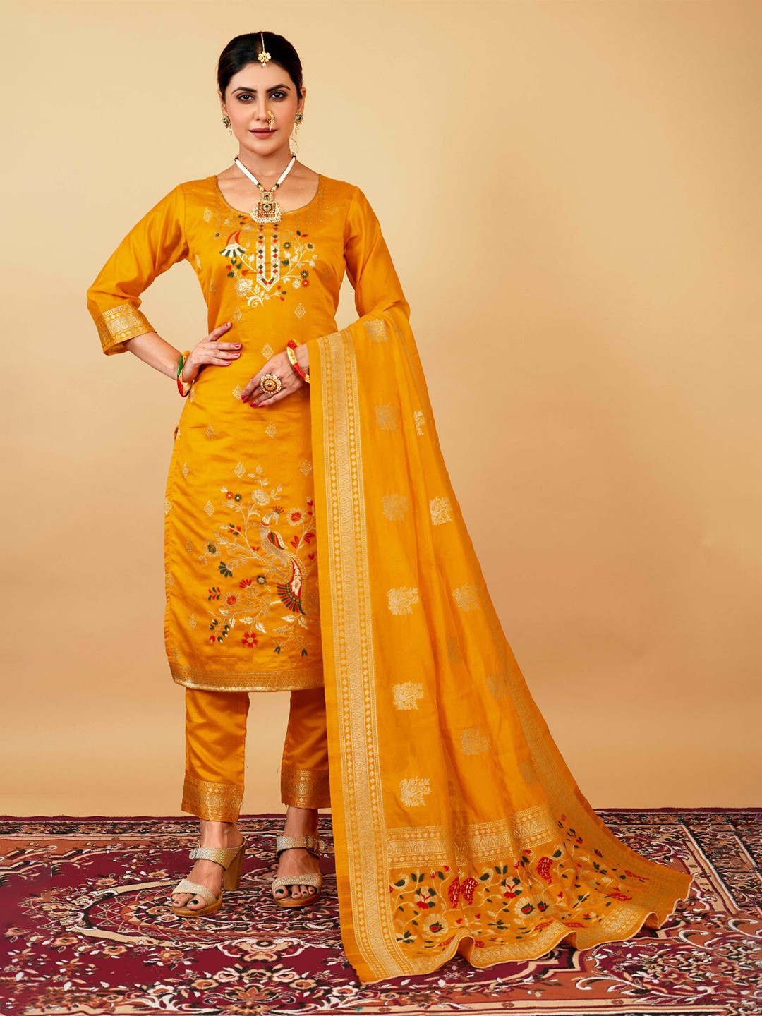 

Royal Rajgharana Saree Pure Silk Unstitched Dress Material, Orange