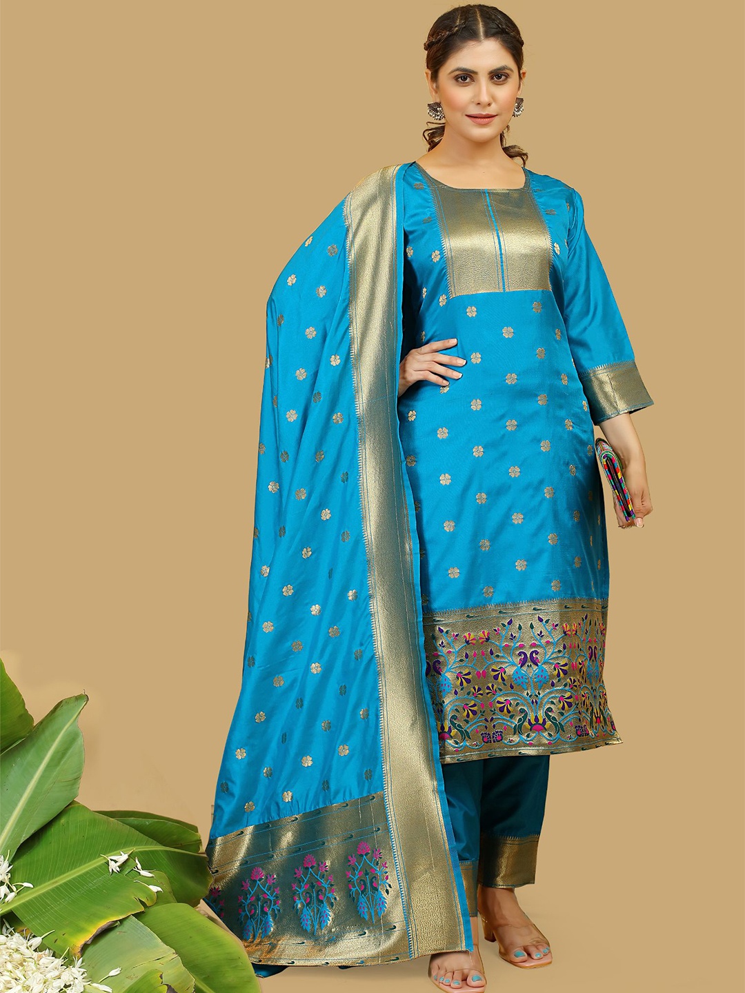 

Royal Rajgharana Saree Unstitched Dress Material, Turquoise blue