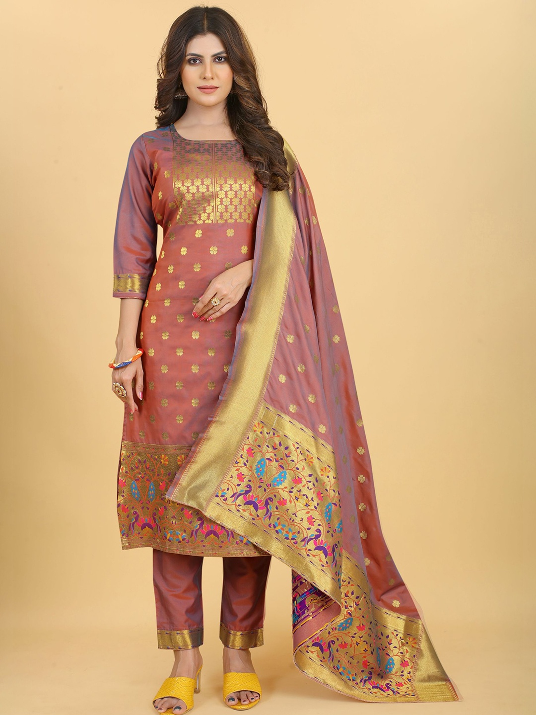

Royal Rajgharana Saree Ethnic Motifs Pure Silk Unstitched Dress Material, Pink