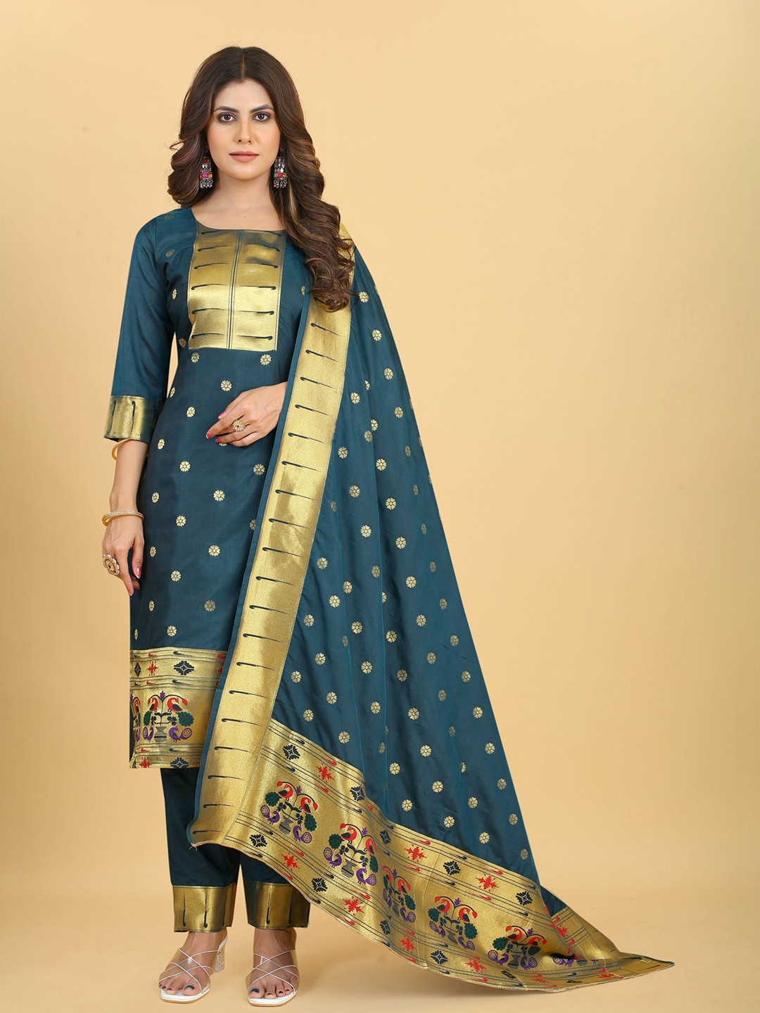 

Royal Rajgharana Saree Pure Silk Unstitched Dress Material, Teal