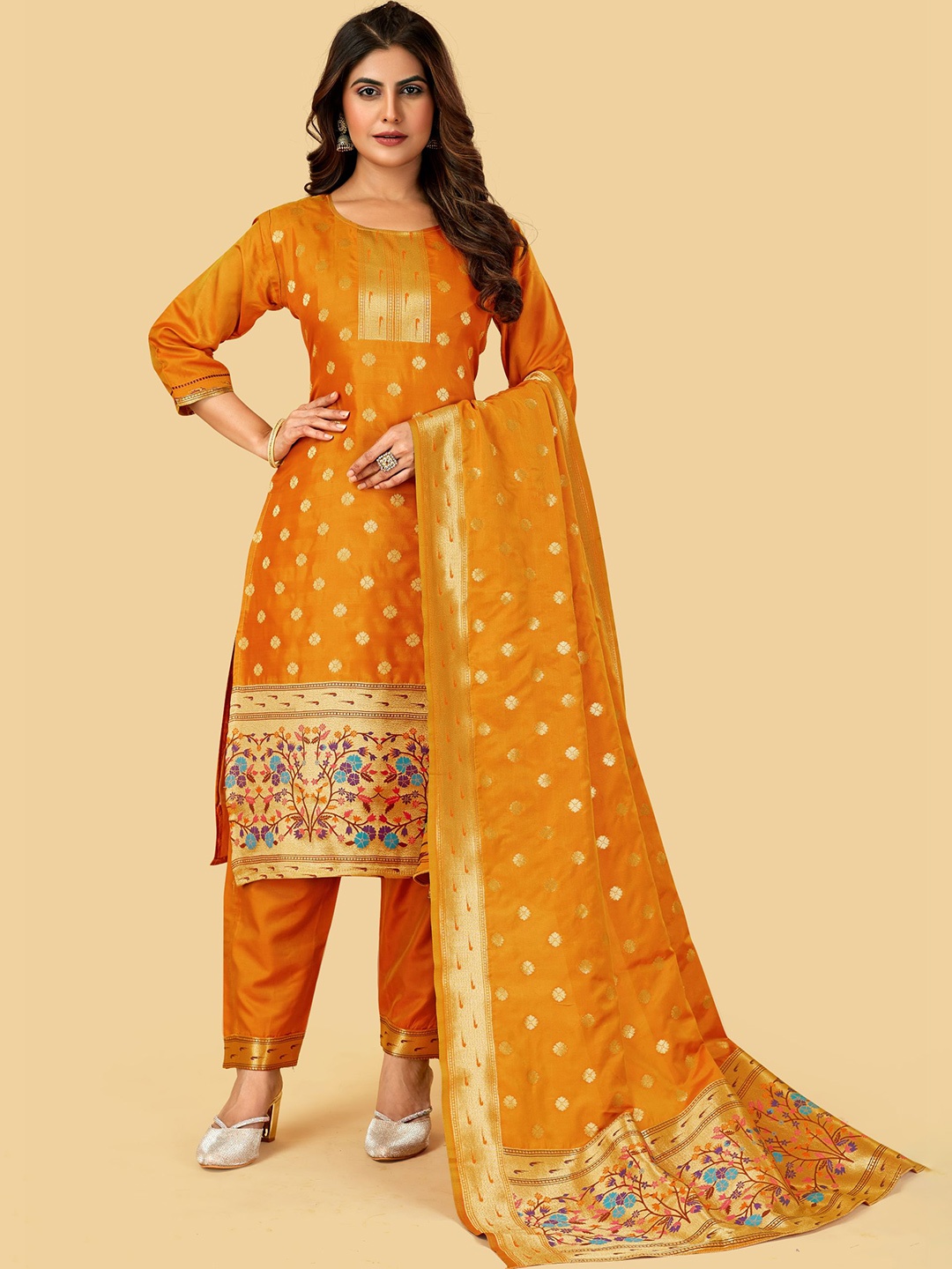 

Royal Rajgharana Saree Pure Silk Unstitched Dress Material, Orange