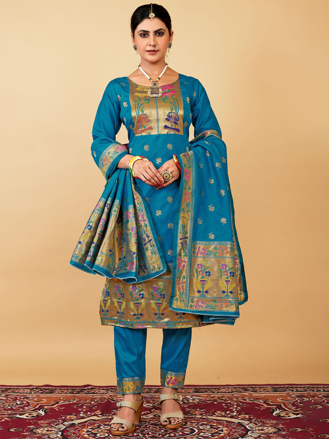 

Royal Rajgharana Saree Ethnic Motifs Woven Design Zari Pure Silk Unstitched Dress Material, Blue
