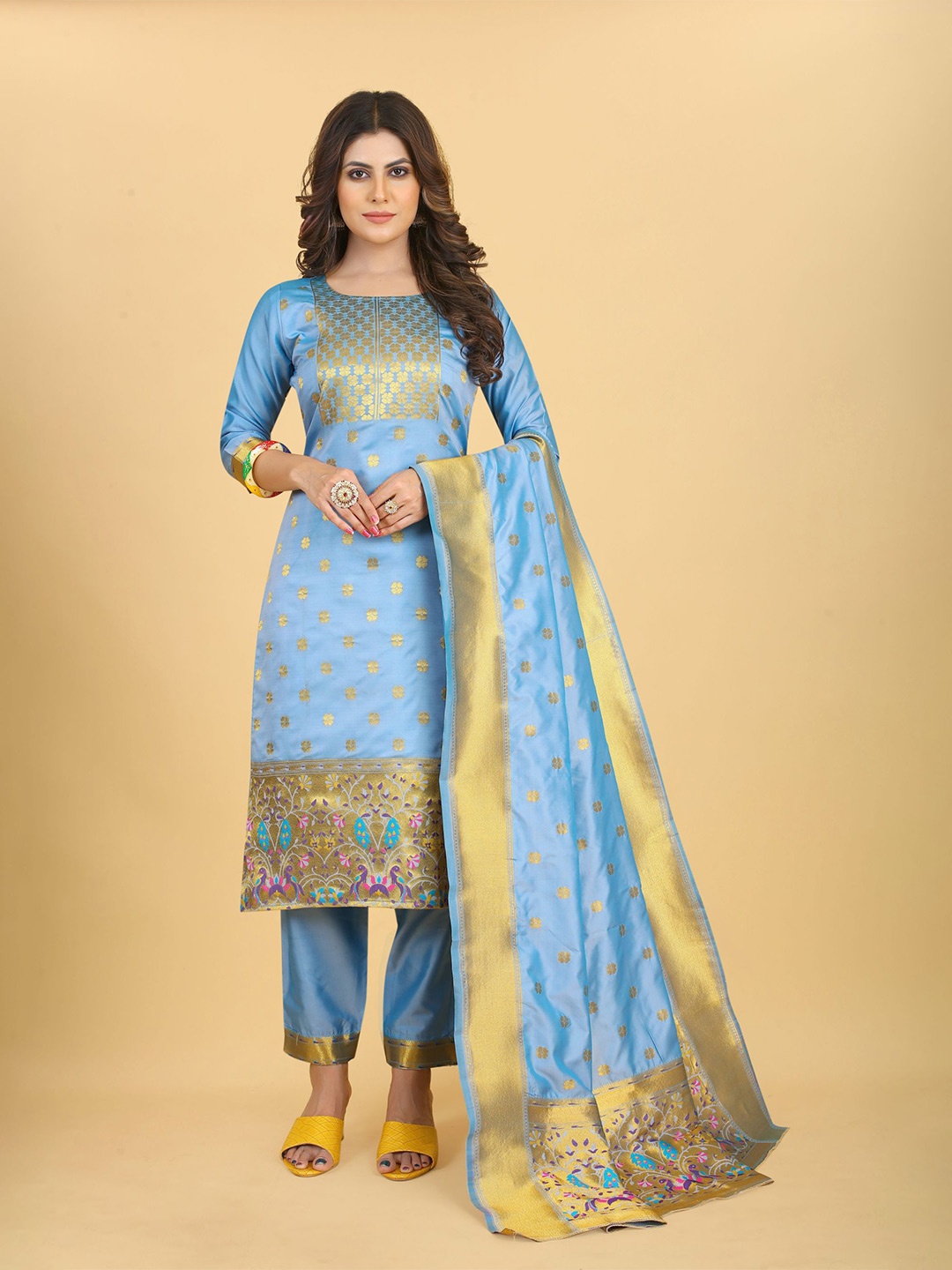 

Royal Rajgharana Saree Pure Silk Unstitched Dress Material, Blue