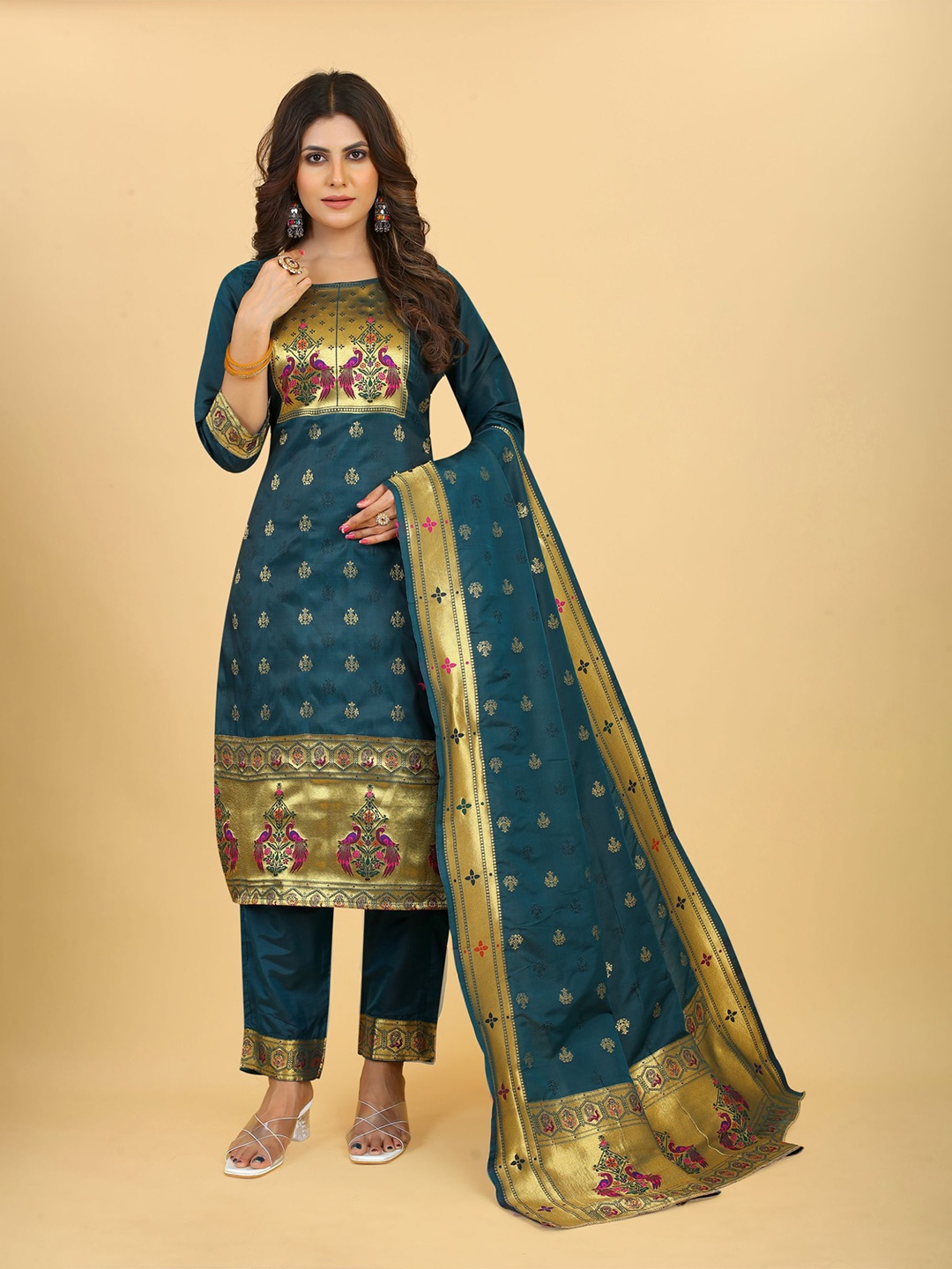 

Royal Rajgharana Saree Pure Silk Unstitched Dress Material, Teal