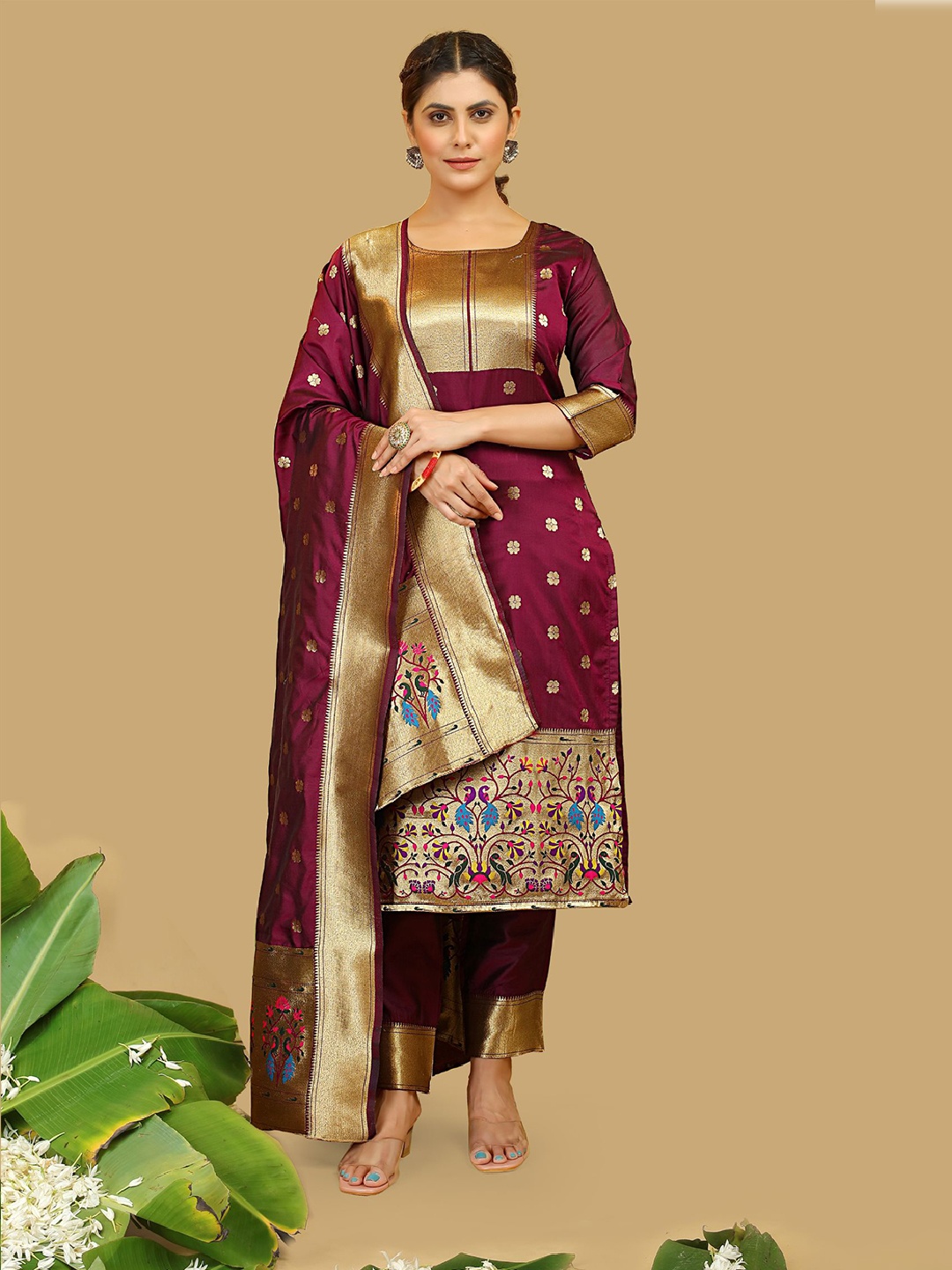 

Royal Rajgharana Saree Ethnic Motifs Pure Silk Unstitched Dress Material, Brown