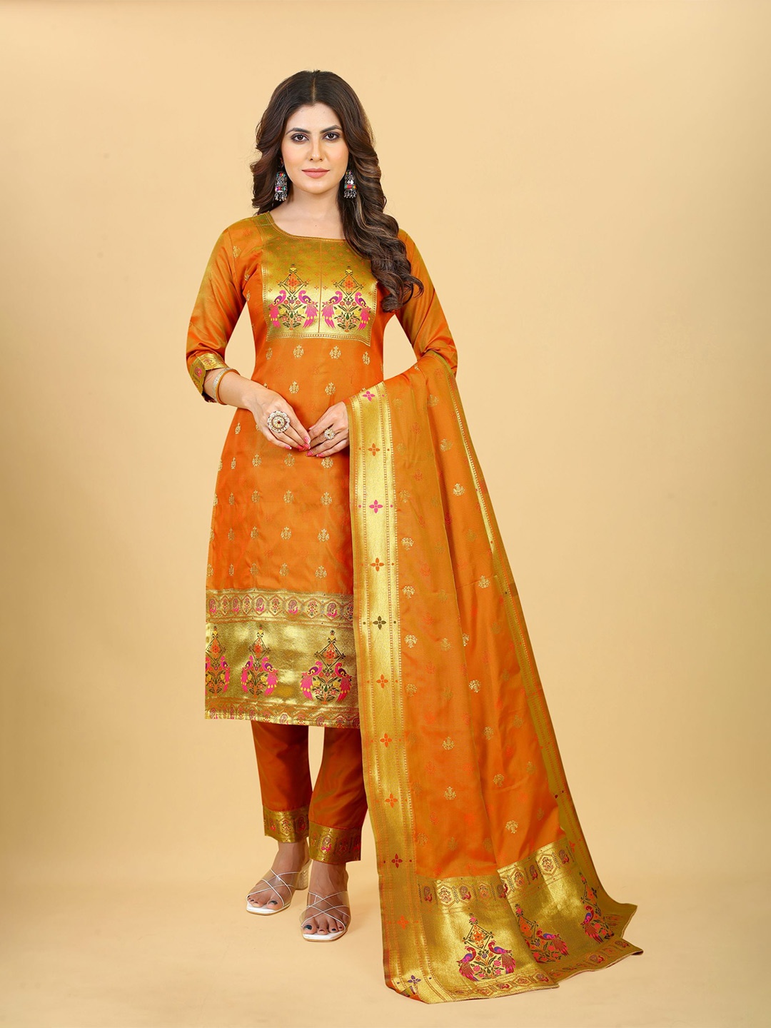 

Royal Rajgharana Saree Pure Silk Unstitched Dress Material, Orange