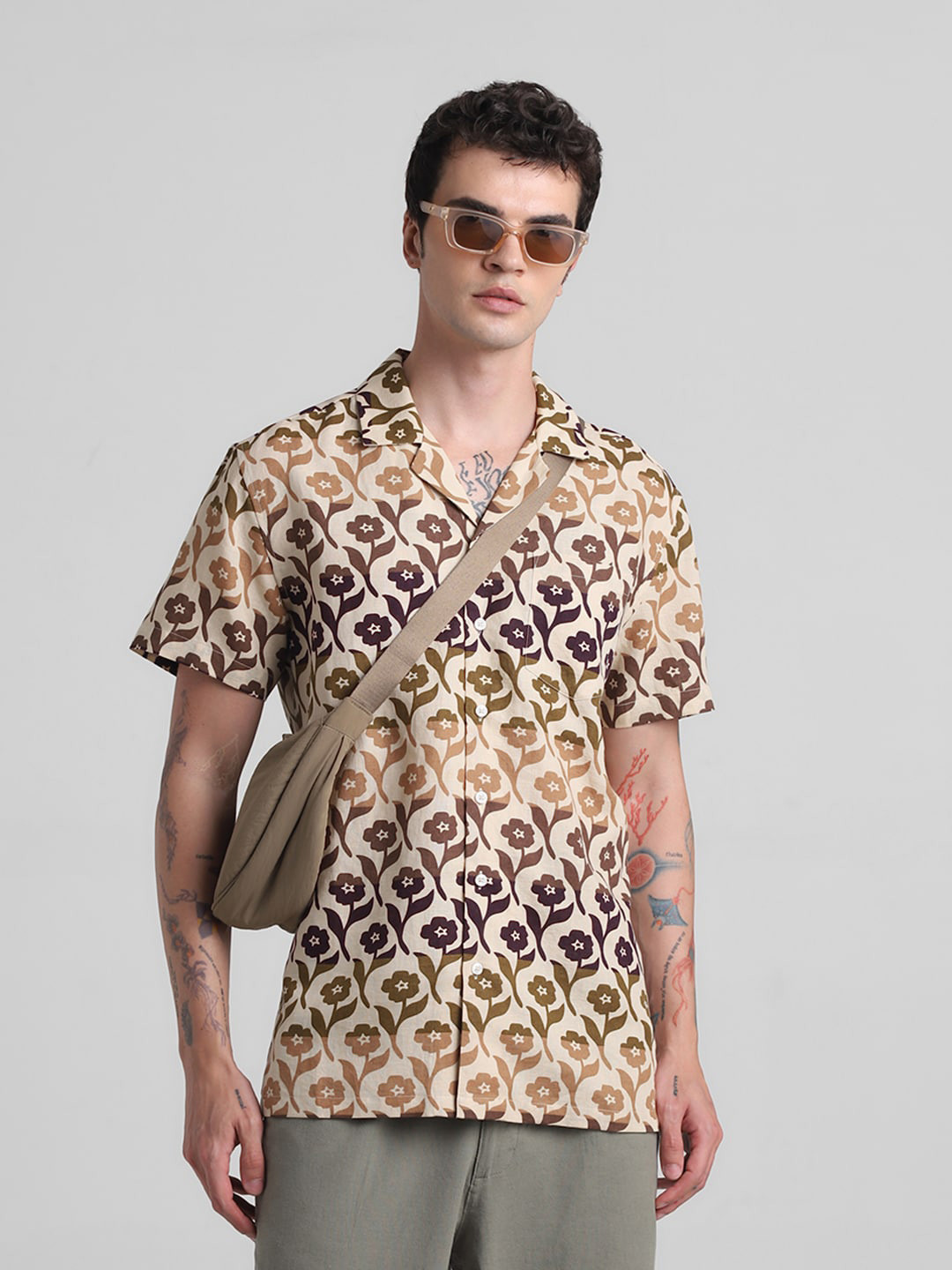 

Jack & Jones Floral Printed Cuban Collar Linen Cotton Casual Shirt, Beige