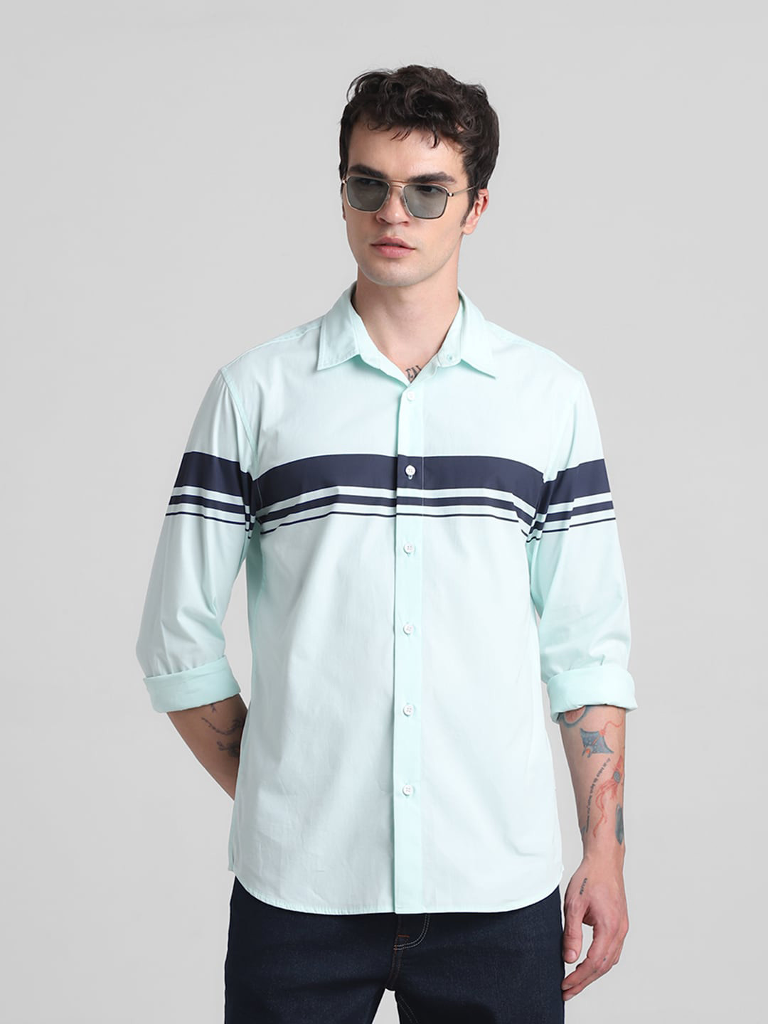 

Jack & Jones Slim Fit Horizontal Stripes Pure Cotton Casual Shirt, Green