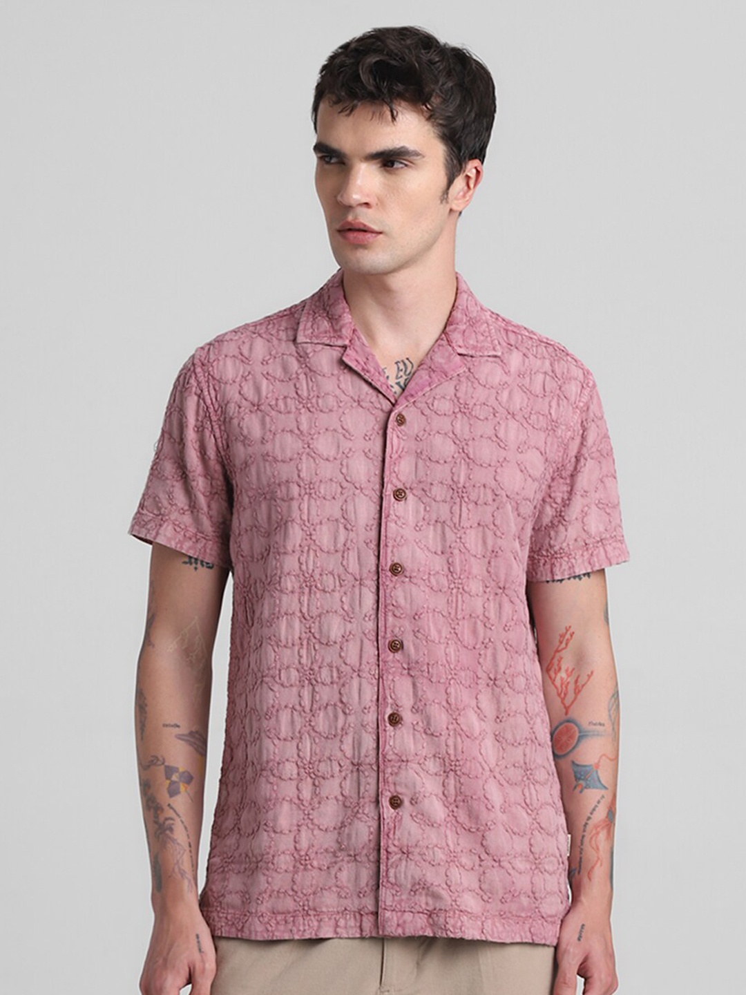 

Jack & Jones Self Design Cuban Collar Casual Shirt, Pink