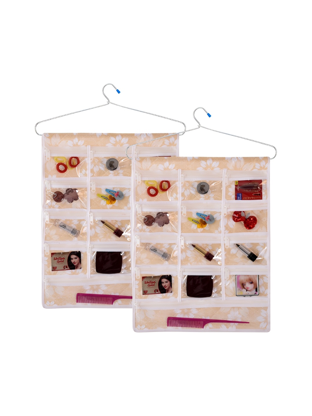 

Kuber Industries Gold-Toned 2 Pcs Wall Hanging Makeup Organizer with 13 Pocket