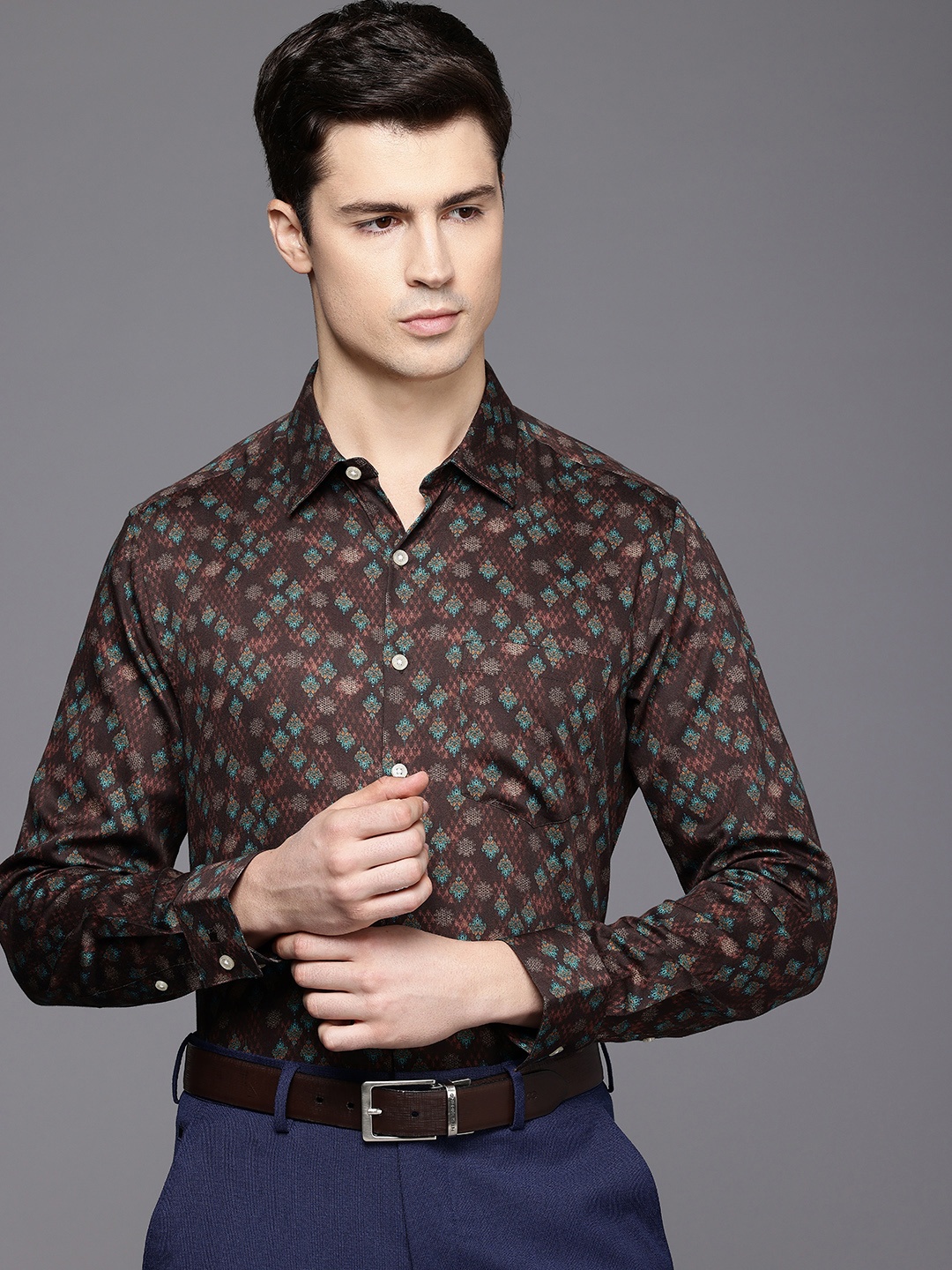 

Louis Philippe Pure Cotton Slim Fit Ethnic Motifs Printed Formal Shirt, Brown
