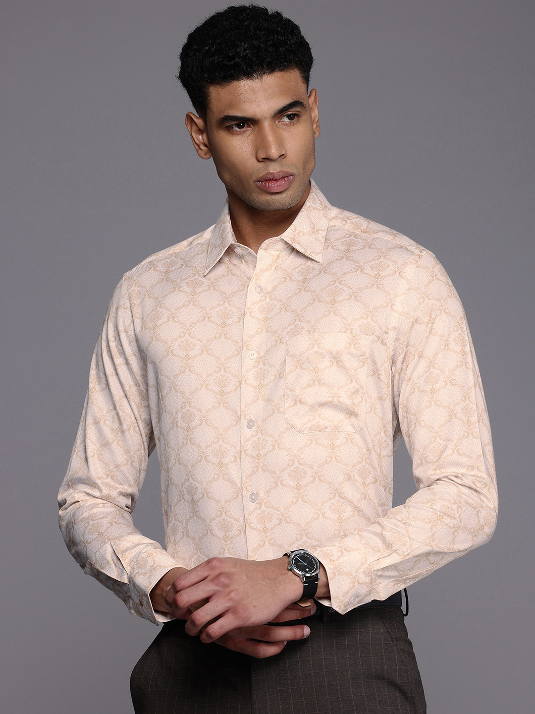 

Louis Philippe Pure Cotton Classic Fit Opaque Printed Formal Shirt, Beige