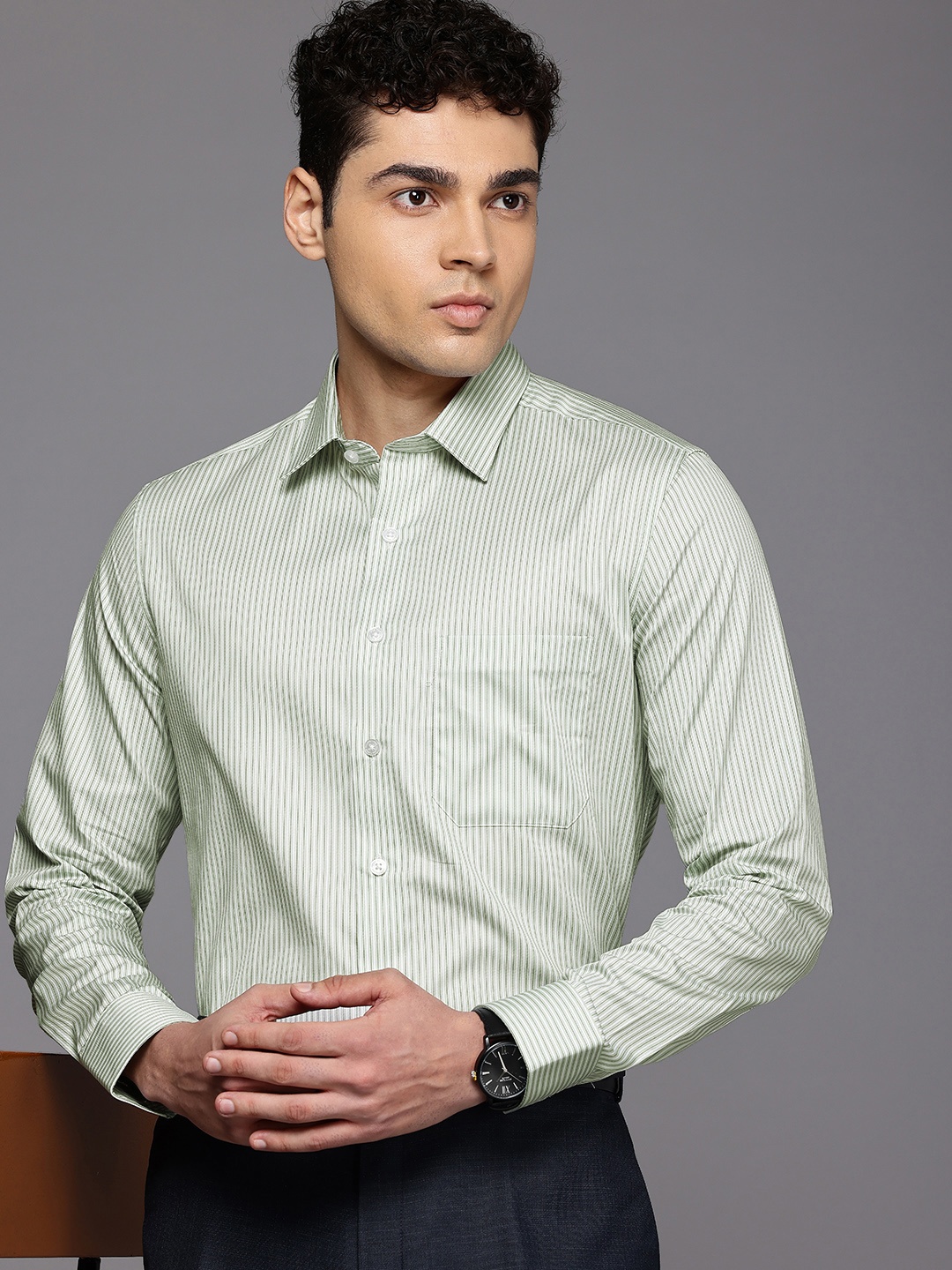 

Louis Philippe Pure Cotton Slim Fit Striped Formal Shirt, Green