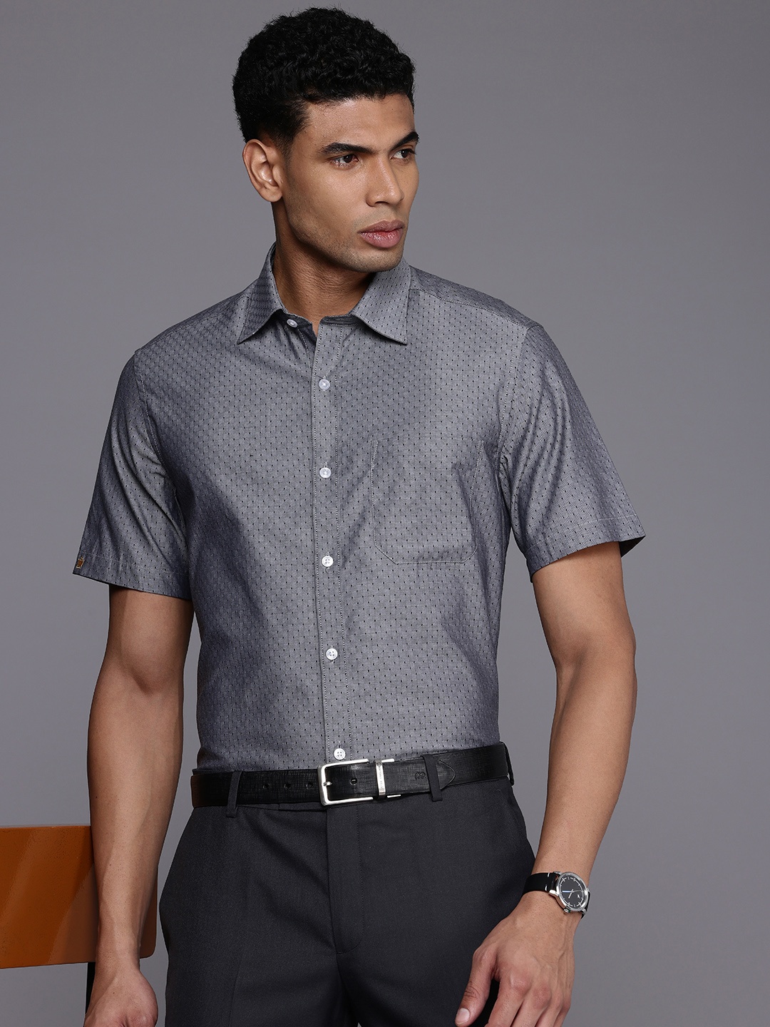 

Louis Philippe Men Classic Fit Self-Design Pure Cotton Semi-Formal Shirt, Grey