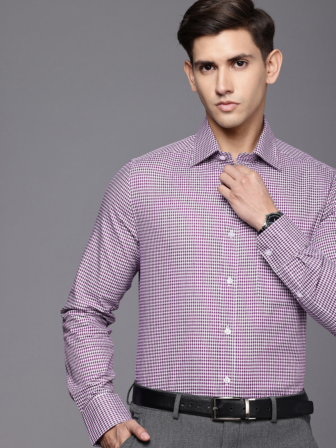 

Louis Philippe Men Classic Slim Fit Micro Checks Pure Cotton Formal Shirt, Purple