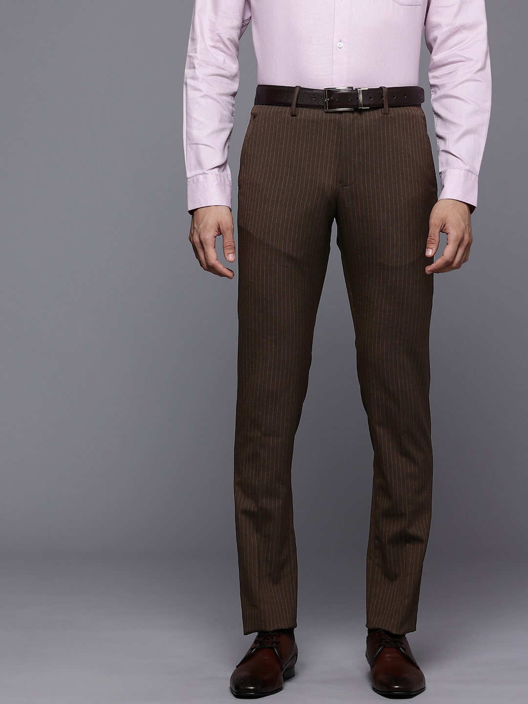 

Louis Philippe Men Striped Super Slim Fit Formal Trousers, Brown