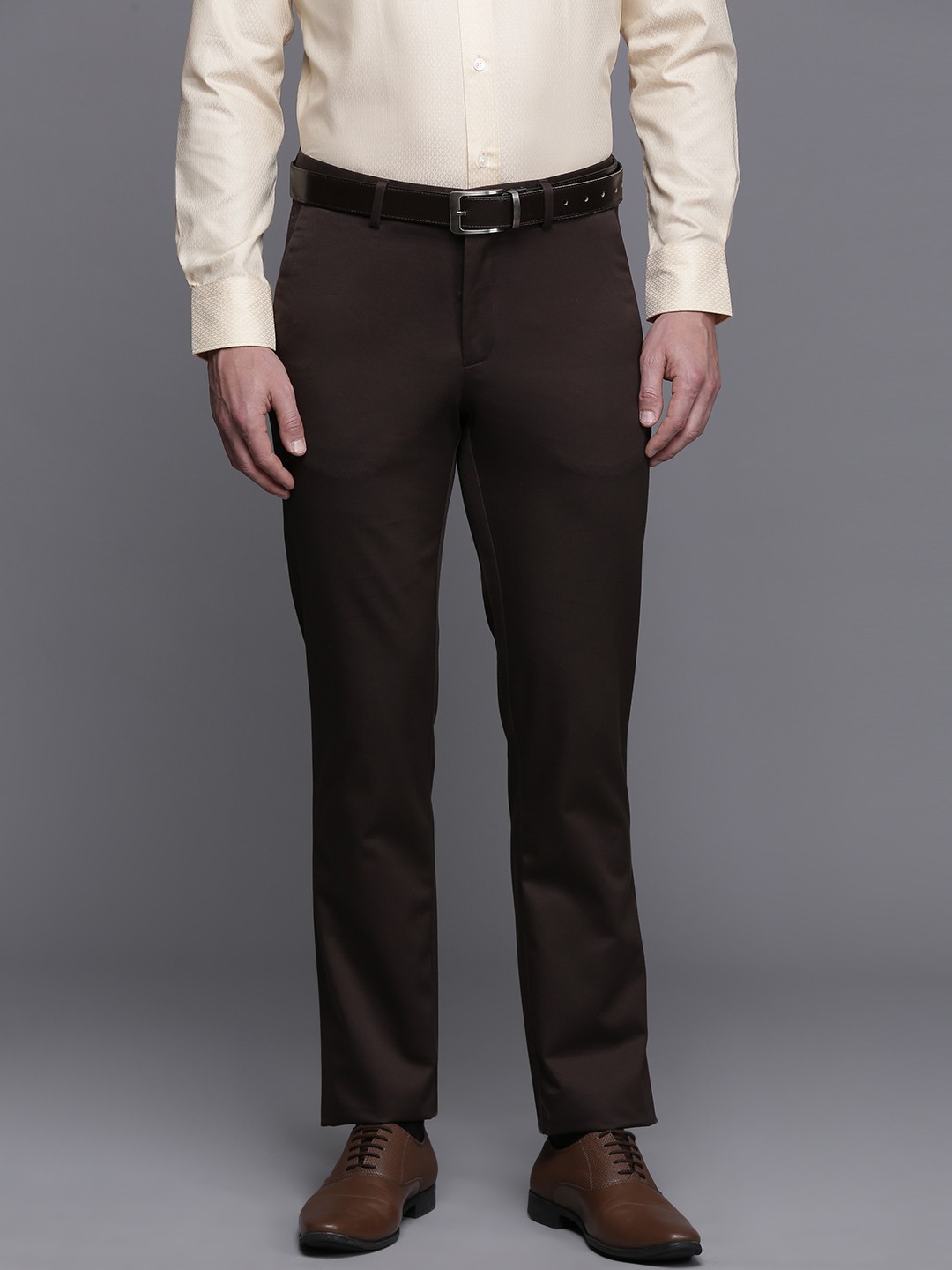 

Louis Philippe Men Slim Fit Pure Cotton Formal Trousers, Coffee brown