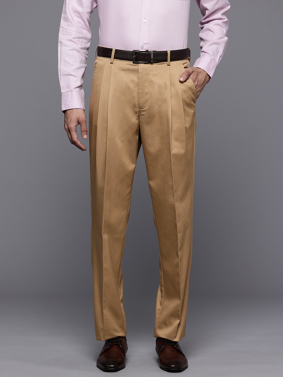 

Louis Philippe Men Pure Cotton Classic Pleated Formal Trousers, Khaki