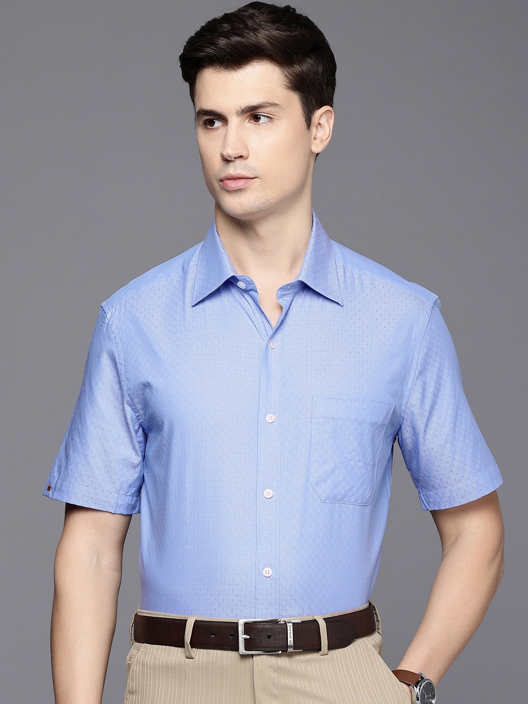 

Louis Philippe Pure Cotton Self Design Textured Classic Opaque Formal Shirt, Blue