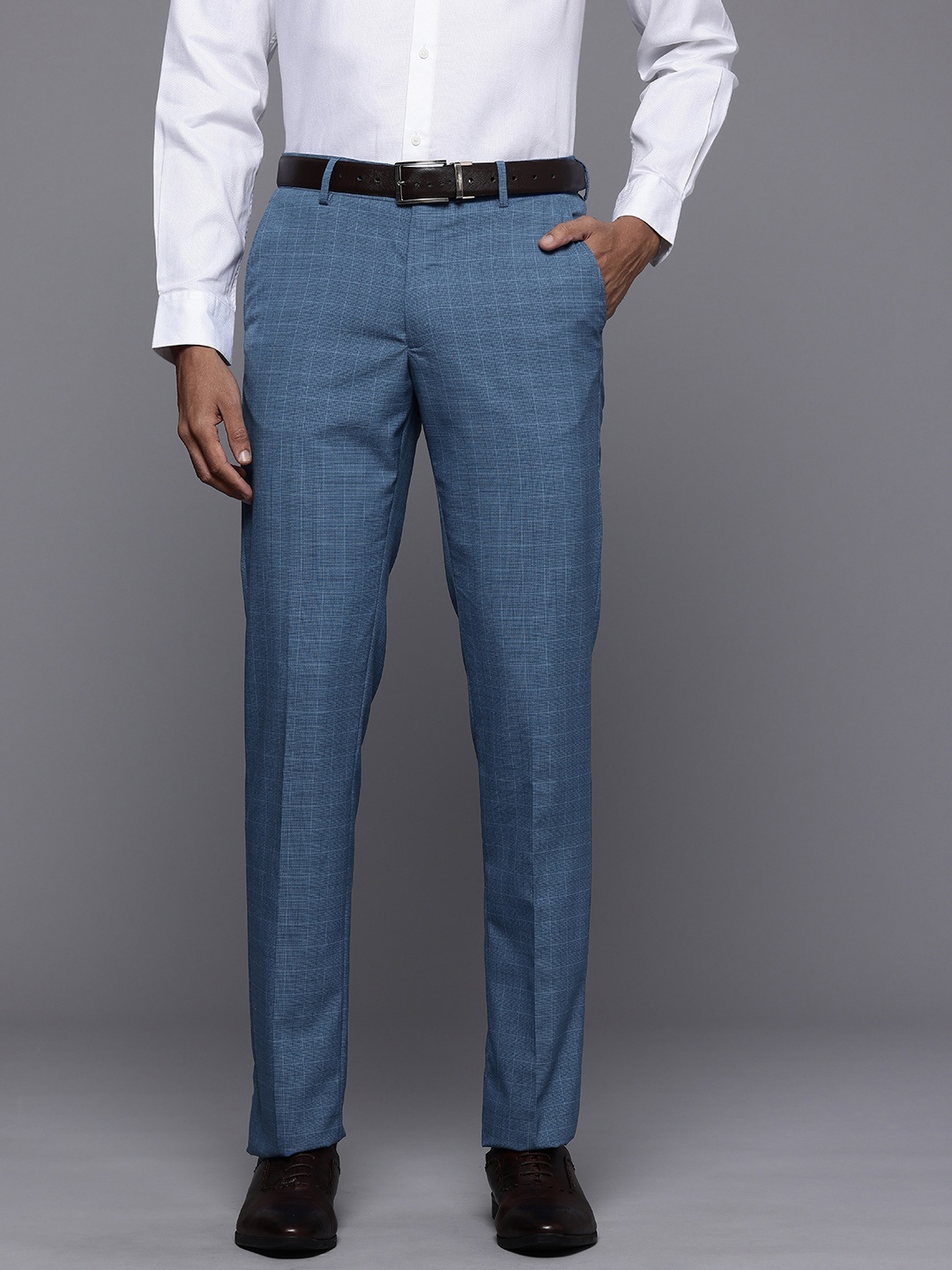 

Louis Philippe Men Checked Slim Fit Formal Trousers, Blue