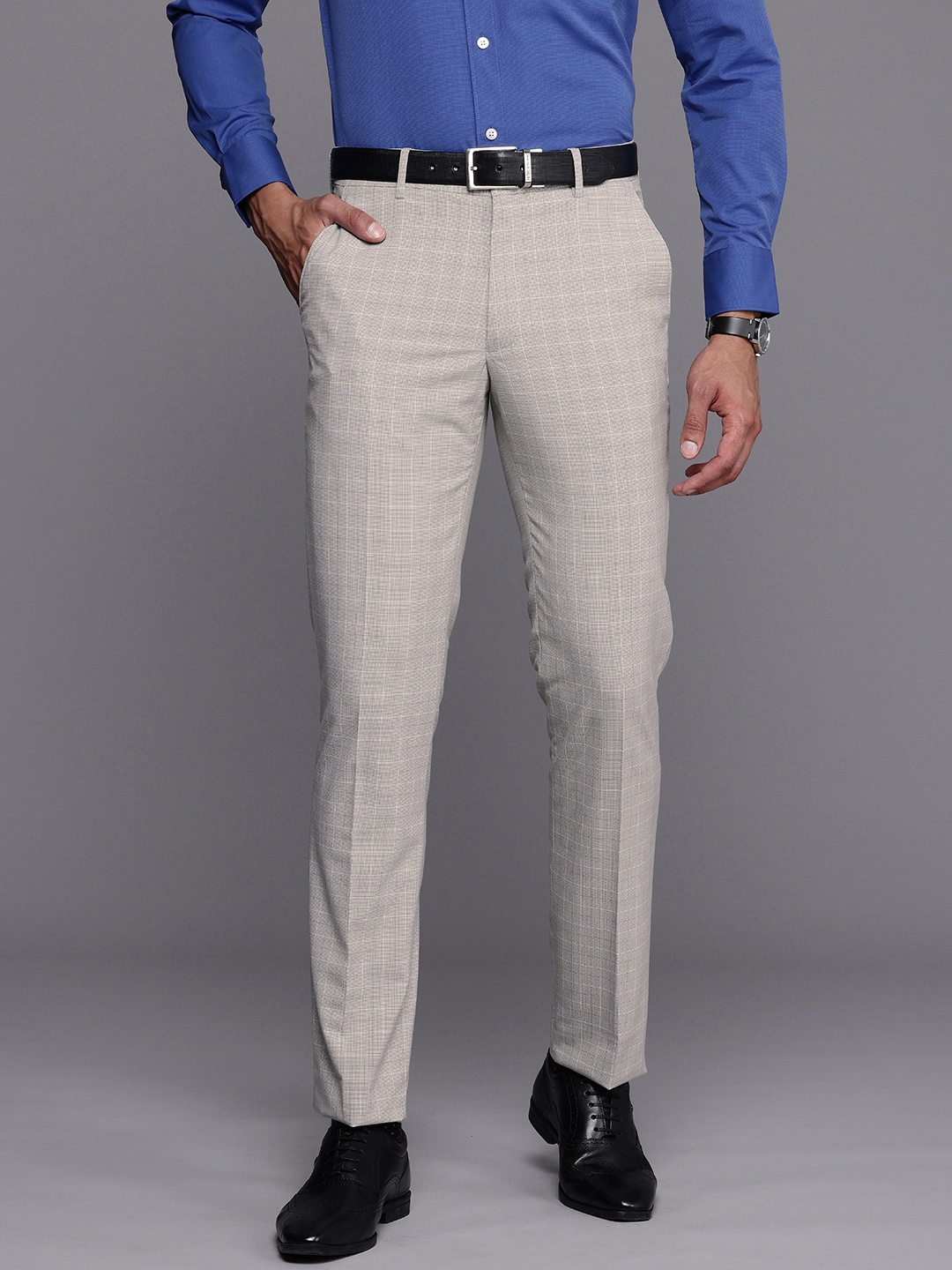 

Louis Philippe Men Checked Slim Fit Formal Trousers, Grey