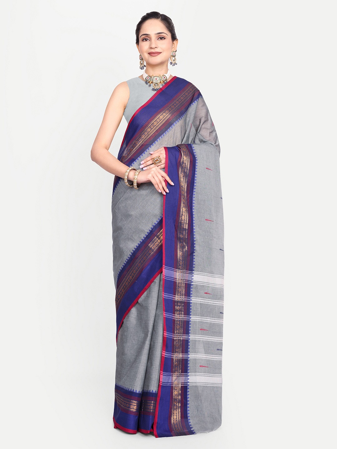 

SENSAN Ethnic Motifs Woven Design Zari Pure Cotton Chettinad Saree, Grey