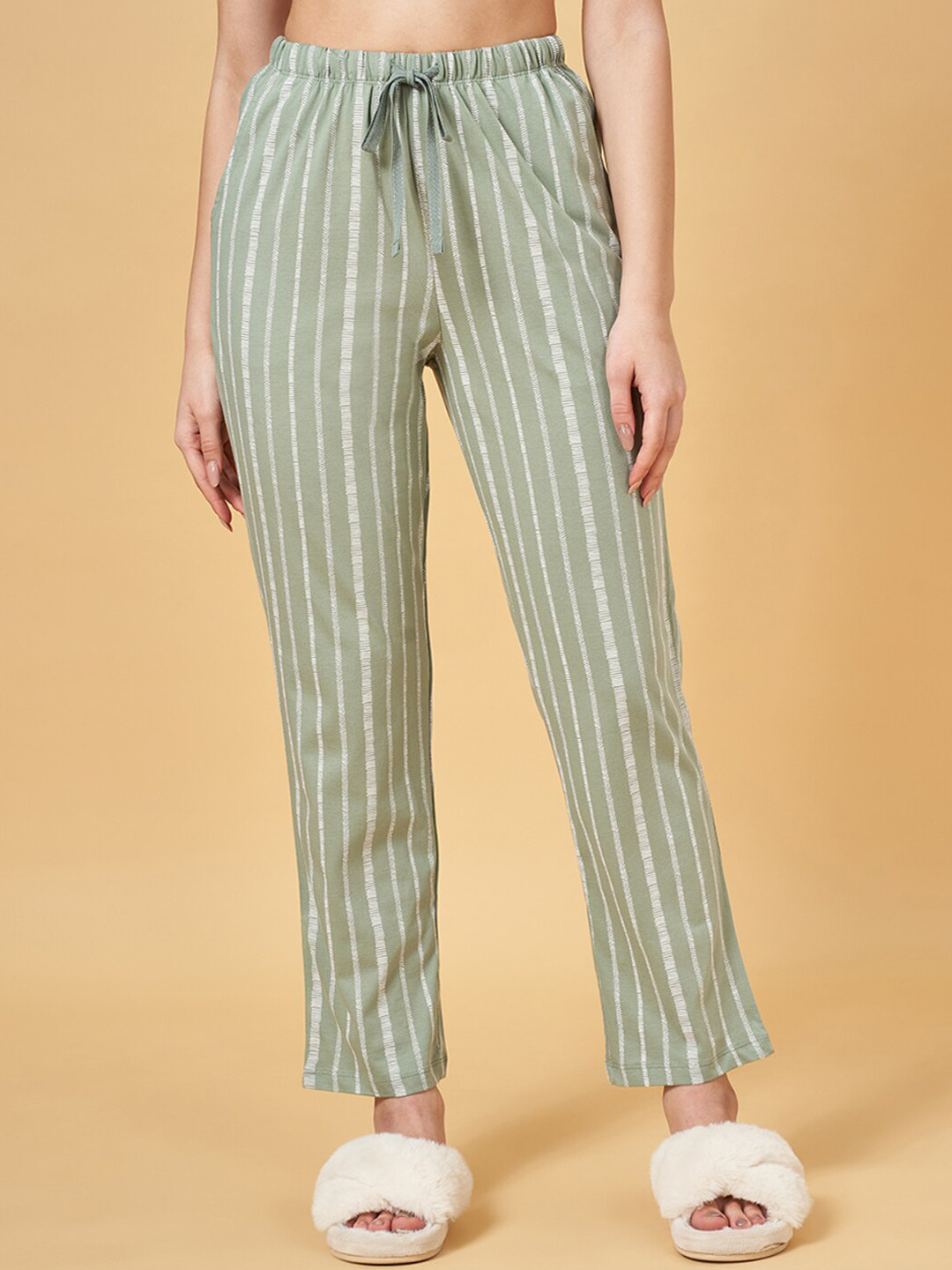

Dreamz by Pantaloons Women Striped Pure Cotton Lounge Pants, Green