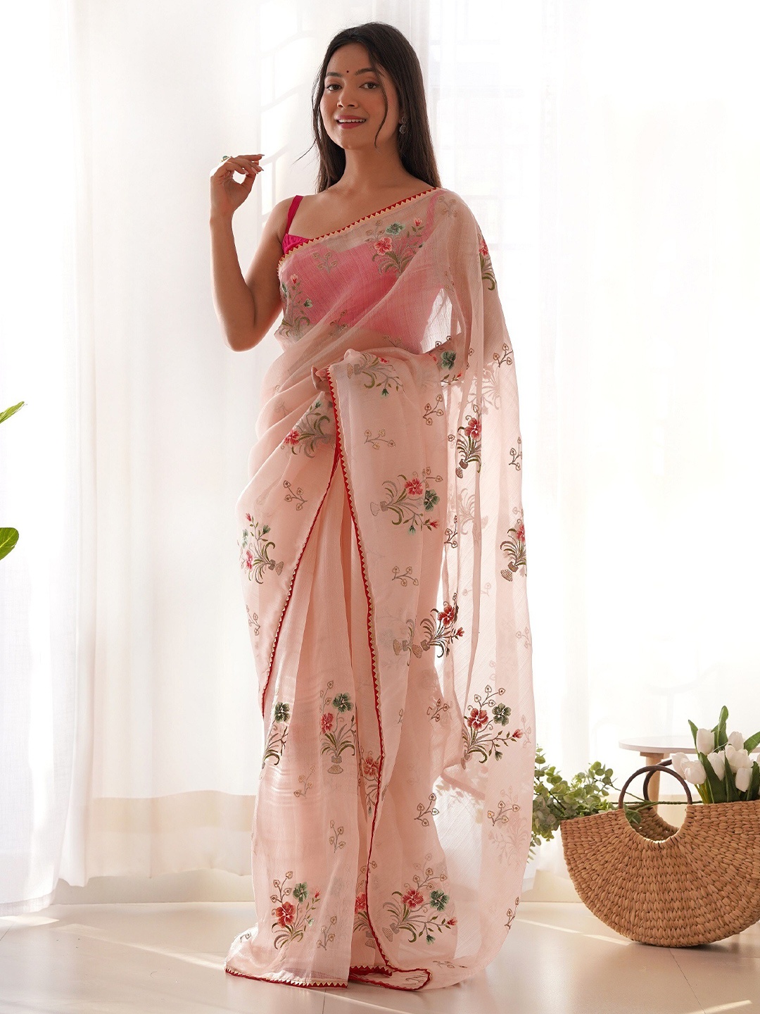 

Mitera Peach Coloured Floral Embroidered Organza Saree