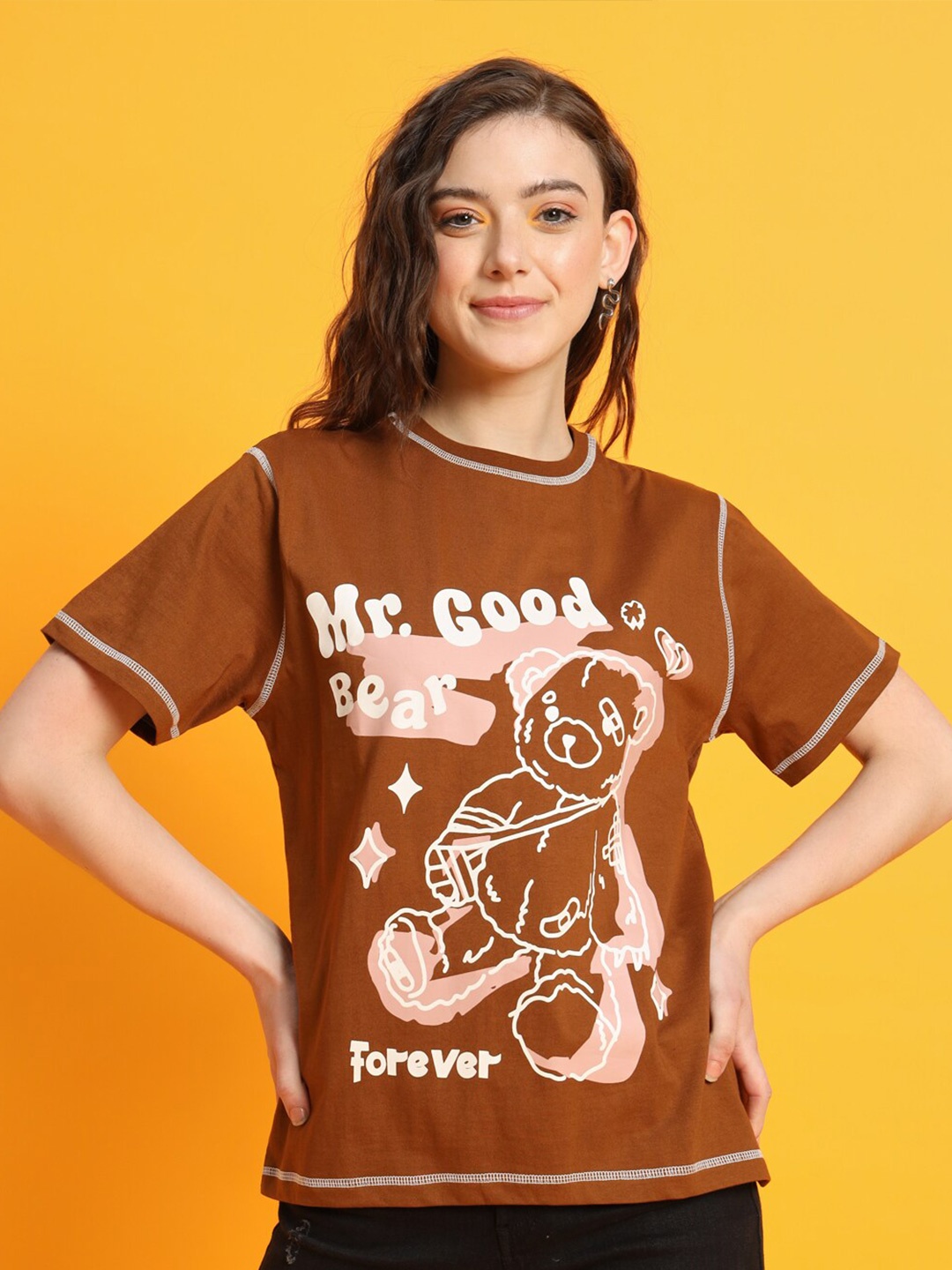 

The Dry State Graphic Printed Round Neck Cotton Oversized T-shirt, Brown
