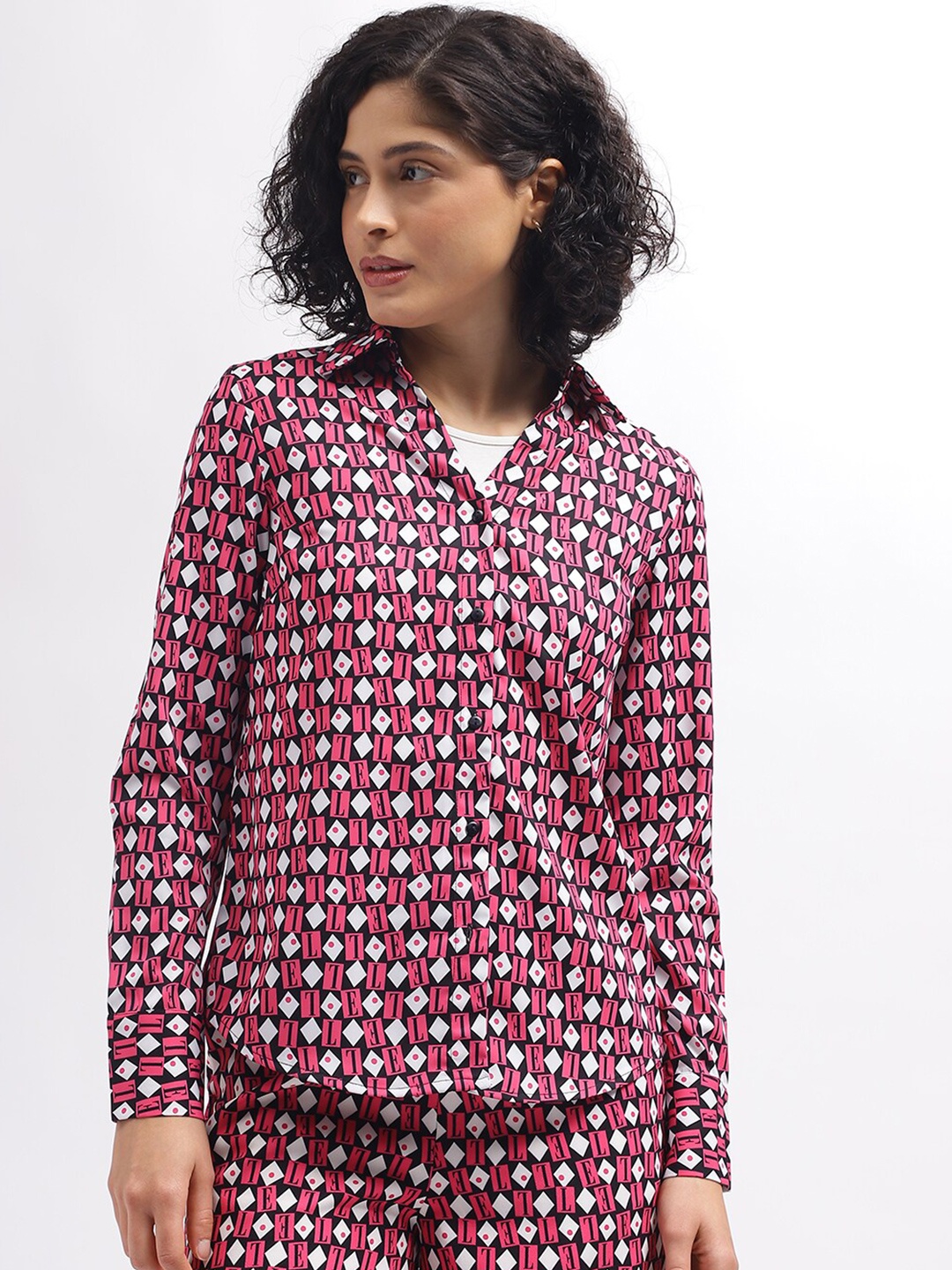 

ELLE Printed Spread Collar Casual Shirt, Pink