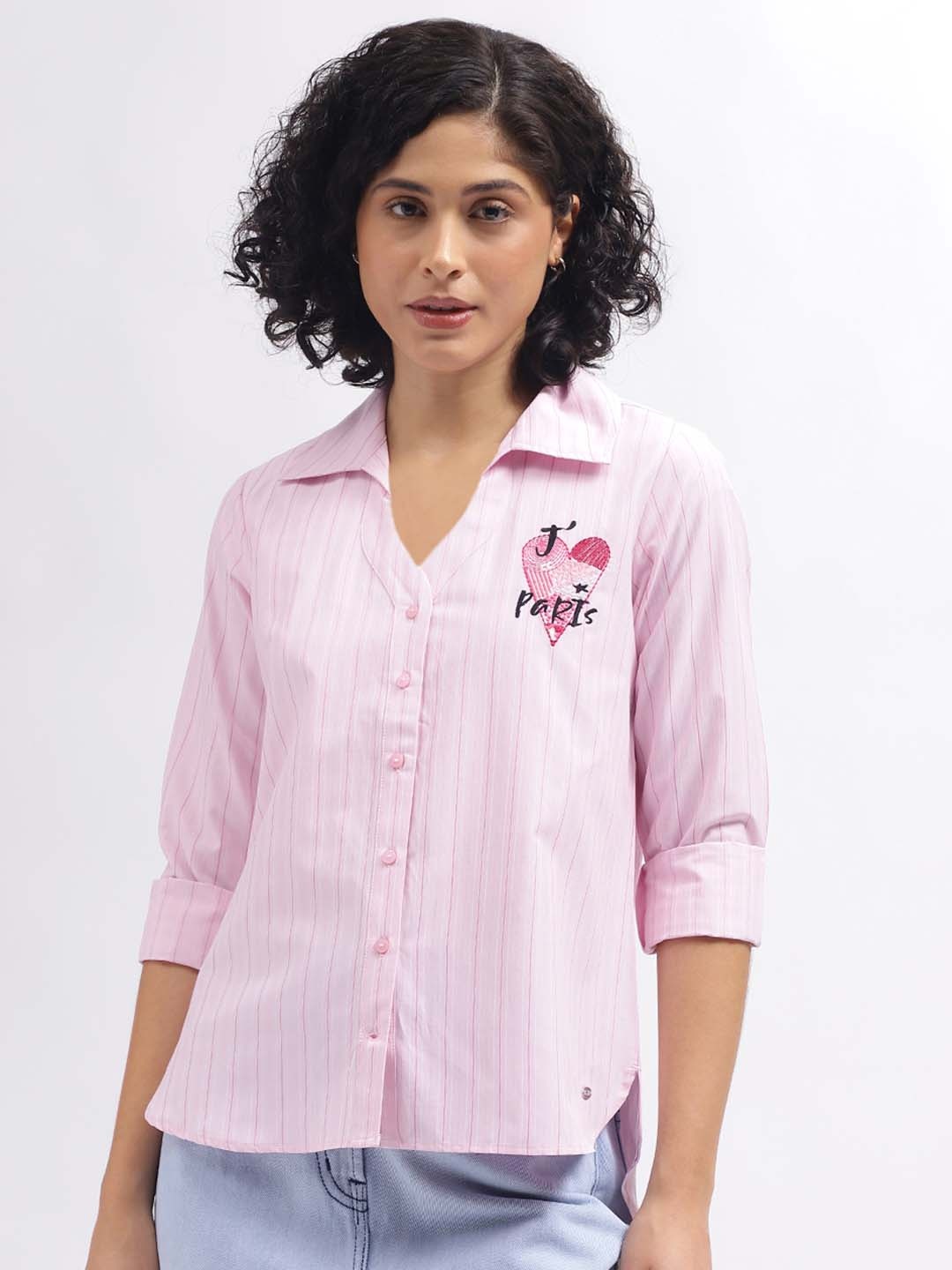 

ELLE Striped Embroidered Casual Shirt, Pink