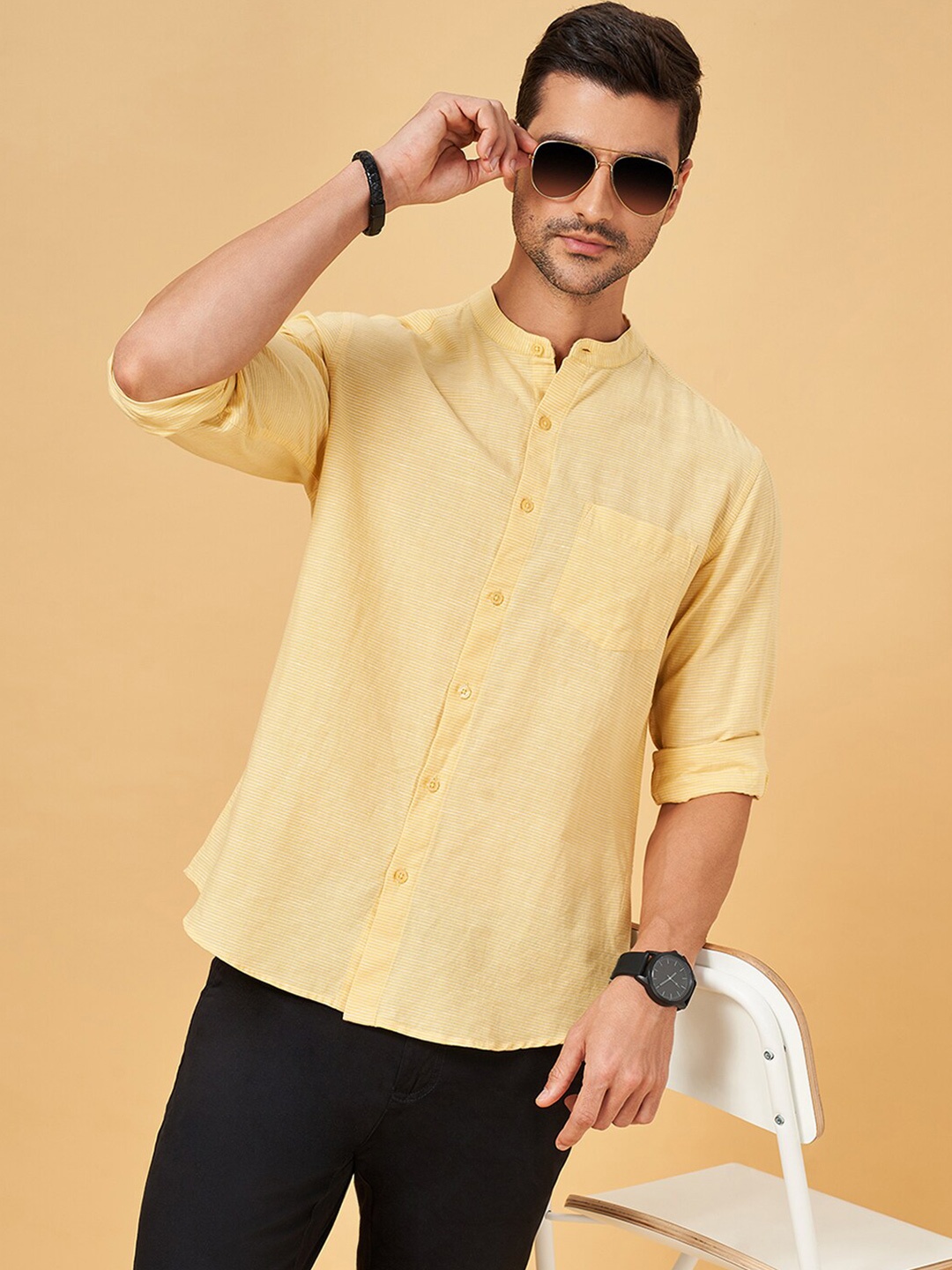 

BYFORD by Pantaloons Horizontal Striped Band Collar Linen Cotton Casual Shirt, Yellow