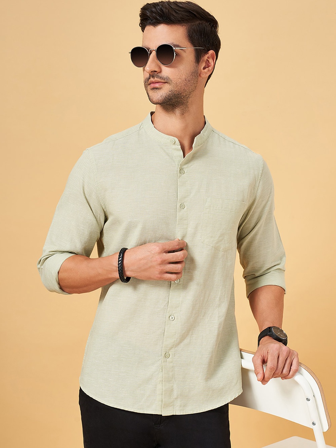 

BYFORD by Pantaloons Horizontal Striped Band Collar Linen Cotton Casual Shirt, Olive