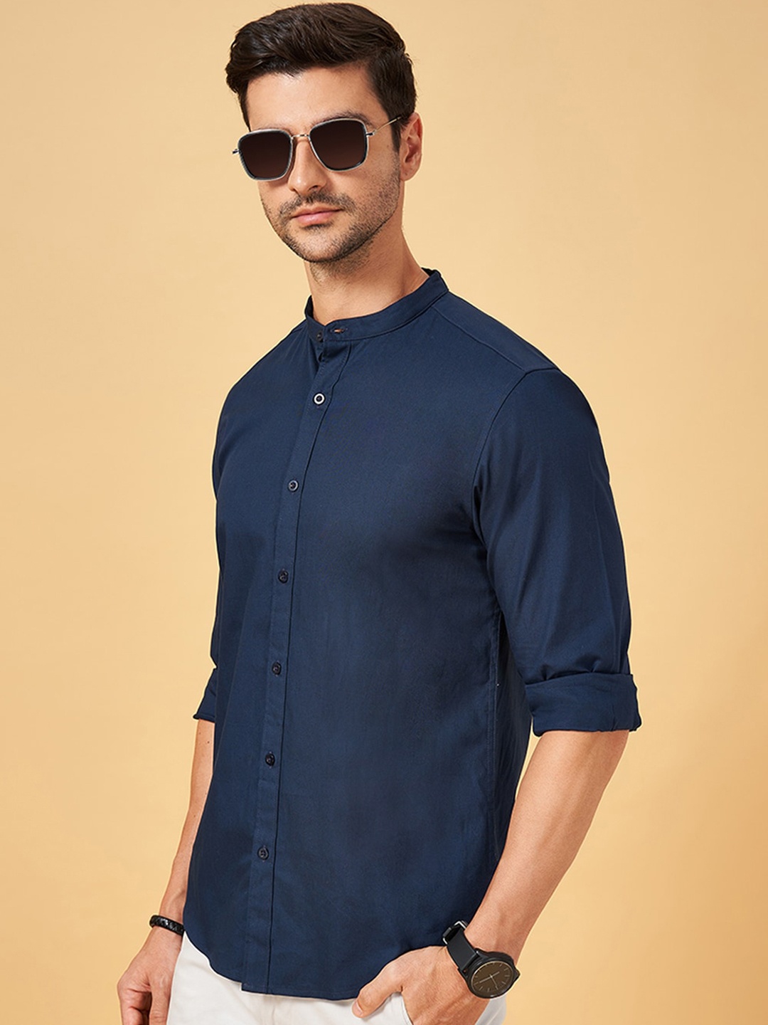 

BYFORD by Pantaloons Slim Fit Band Collar Long Sleeves Cotton Casual Shirt, Blue