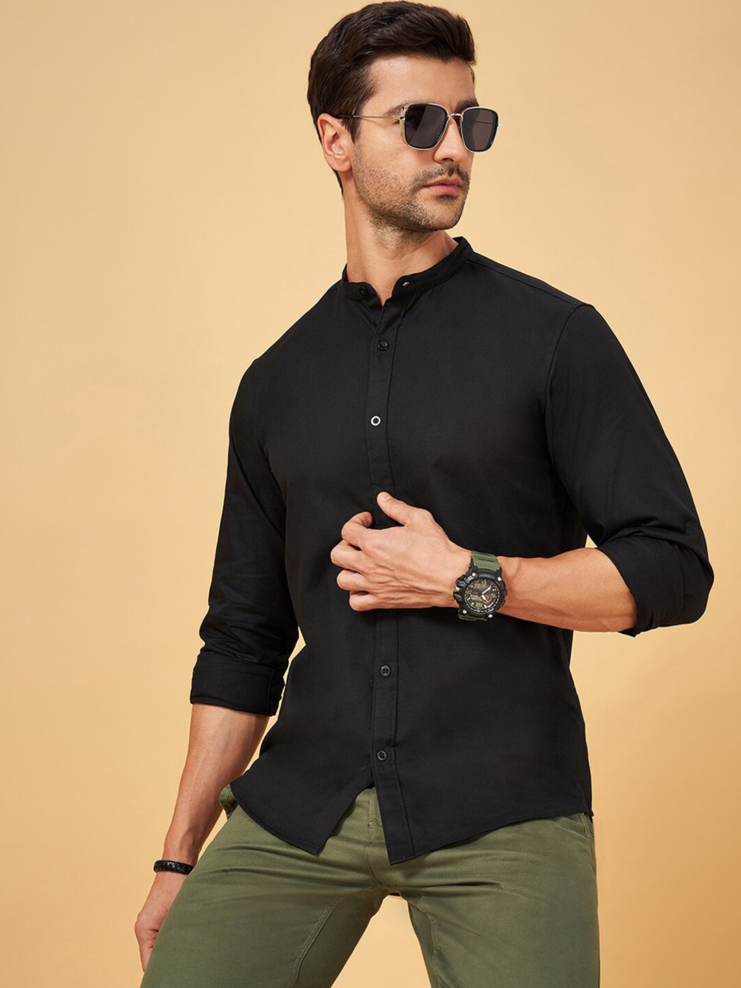 

BYFORD by Pantaloons Slim Fit Band Collar Long Sleeves Cotton Casual Shirt, Black