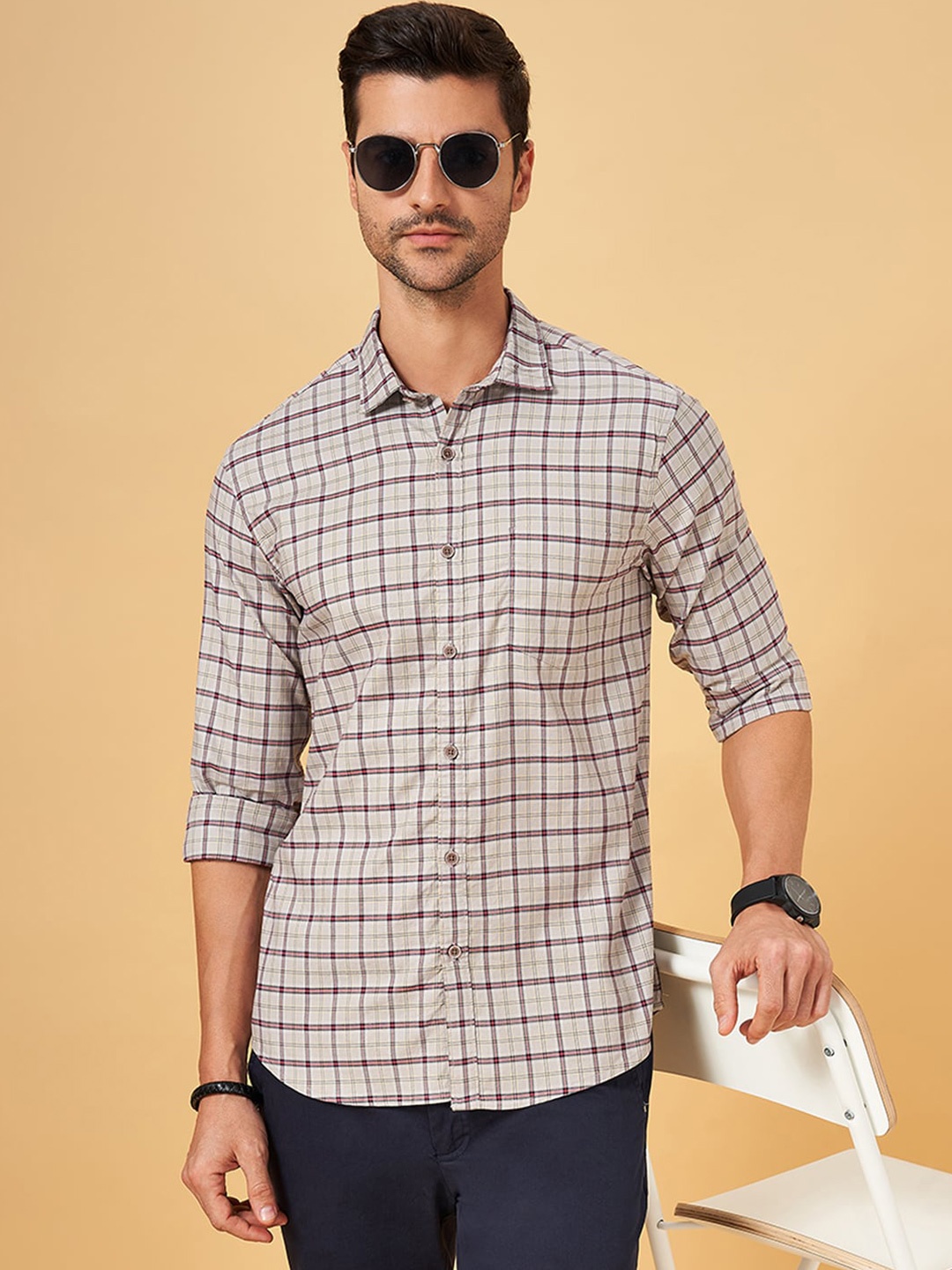 

BYFORD by Pantaloons Slim Fit Checked Pure Cotton Casual Shirt, Beige