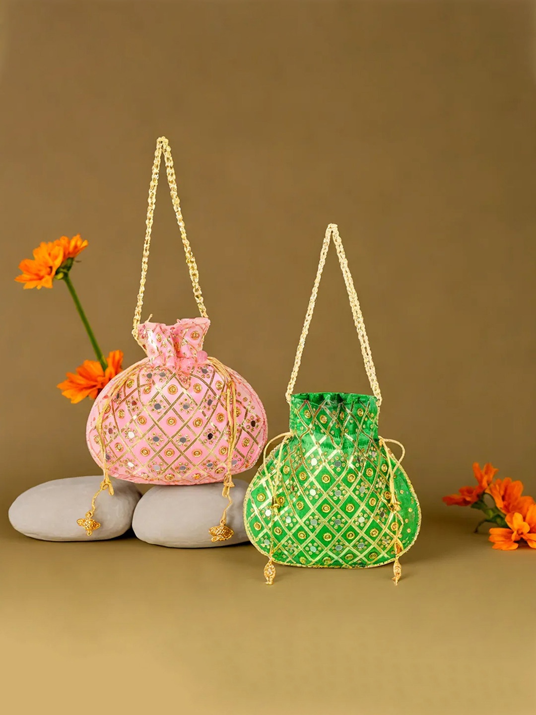 

Kuber Industries Set Of 2 Embroidered Potli Clutch, Pink